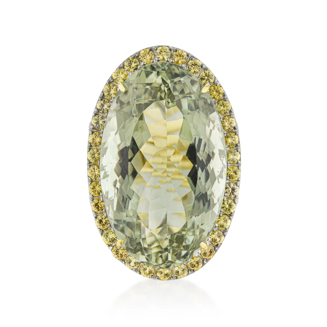Green Prasiolite Orange Sapphire and Diamond Ring