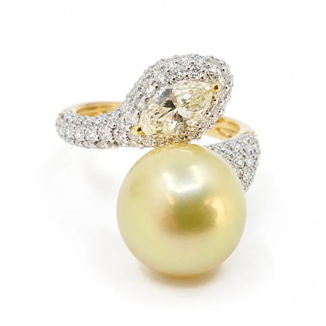 Deep Golden South Sea Pearl and Diamond Ring