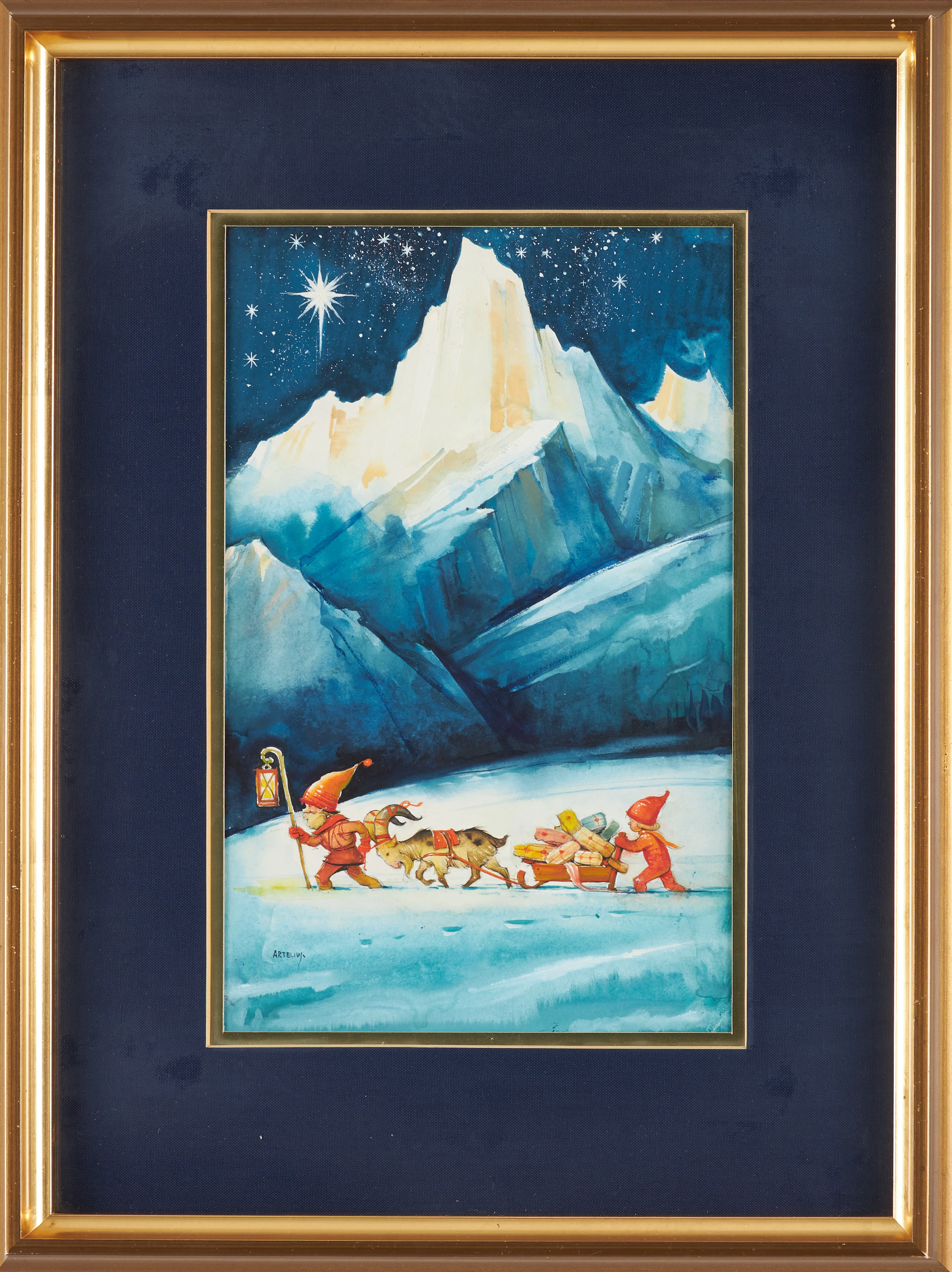 HELGE ARTELIUS. Tomtar med paket, gouache, signerad.