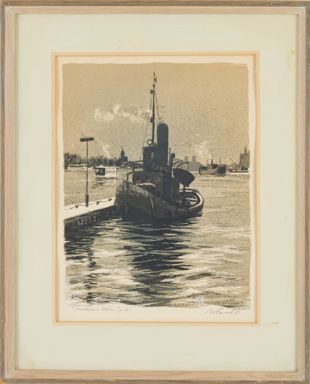 ROLAND SVENSSON. "Stockholms ström", färglitografi, provtryck, signerad.