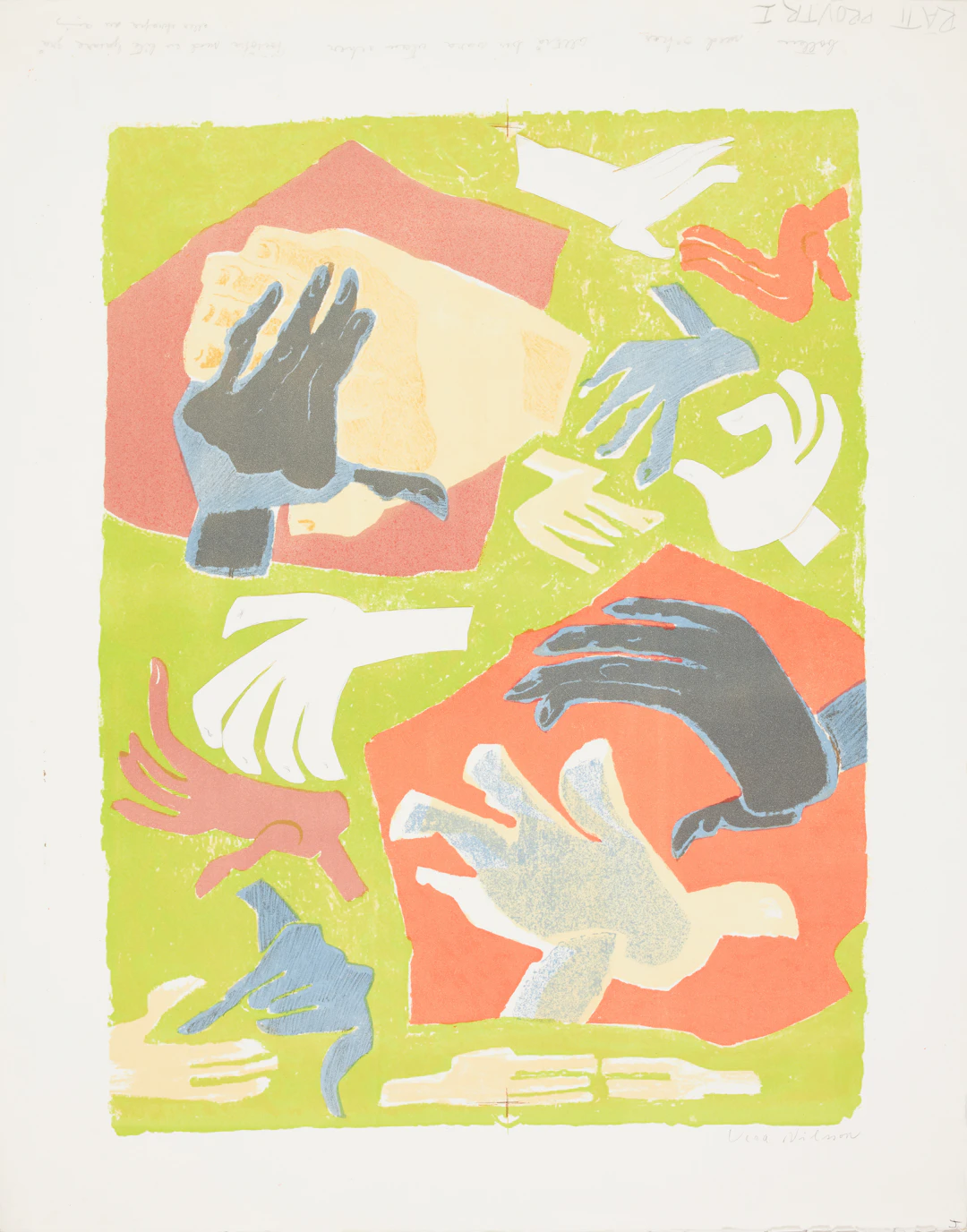 VERA NILSSON. "Händer II", färglitografi med applikationer, signerad