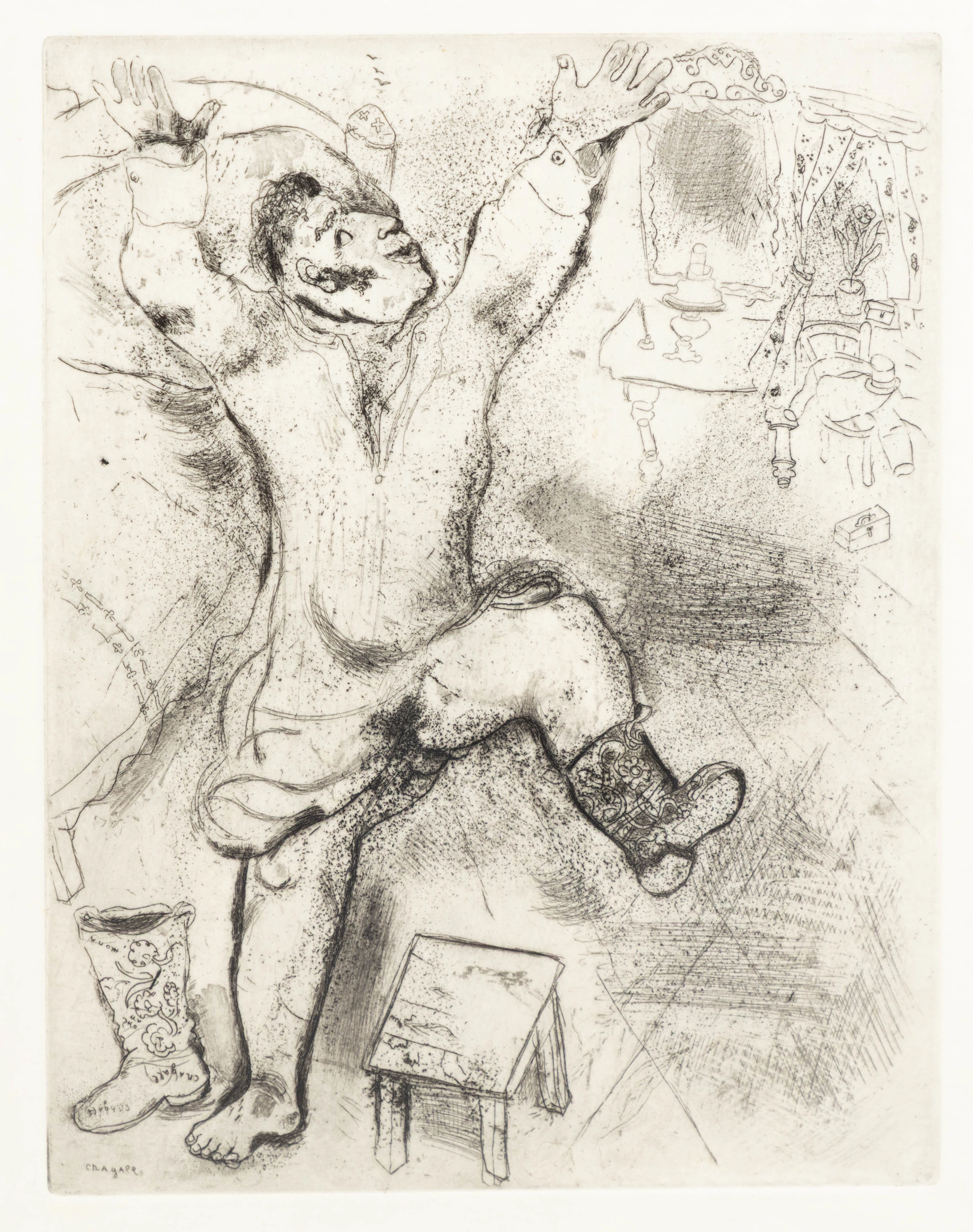MARC CHAGALL (1887-1985). Tchitchikov troimphe en chemise.