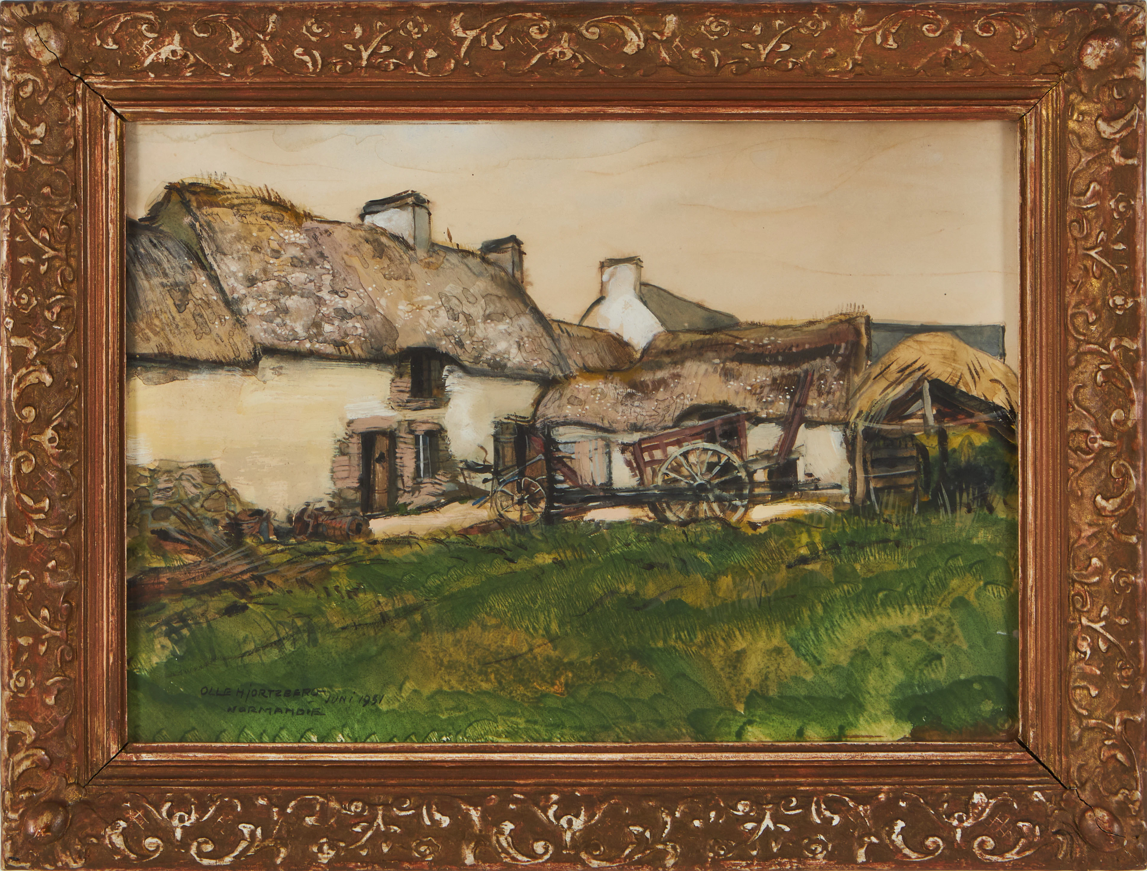 OLLE HJORTZBERG. "Bondgård i Normandie", gouache på papper, signerad