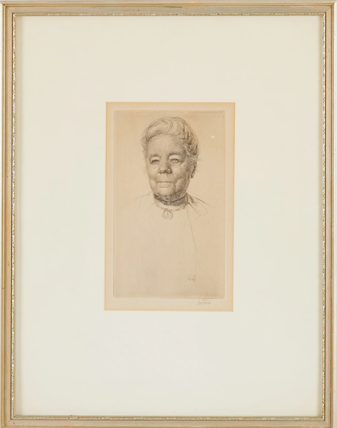 AXEL FRIDELL. Porträtt av Selma Lagerlöf, torrnålsetsning, signerad