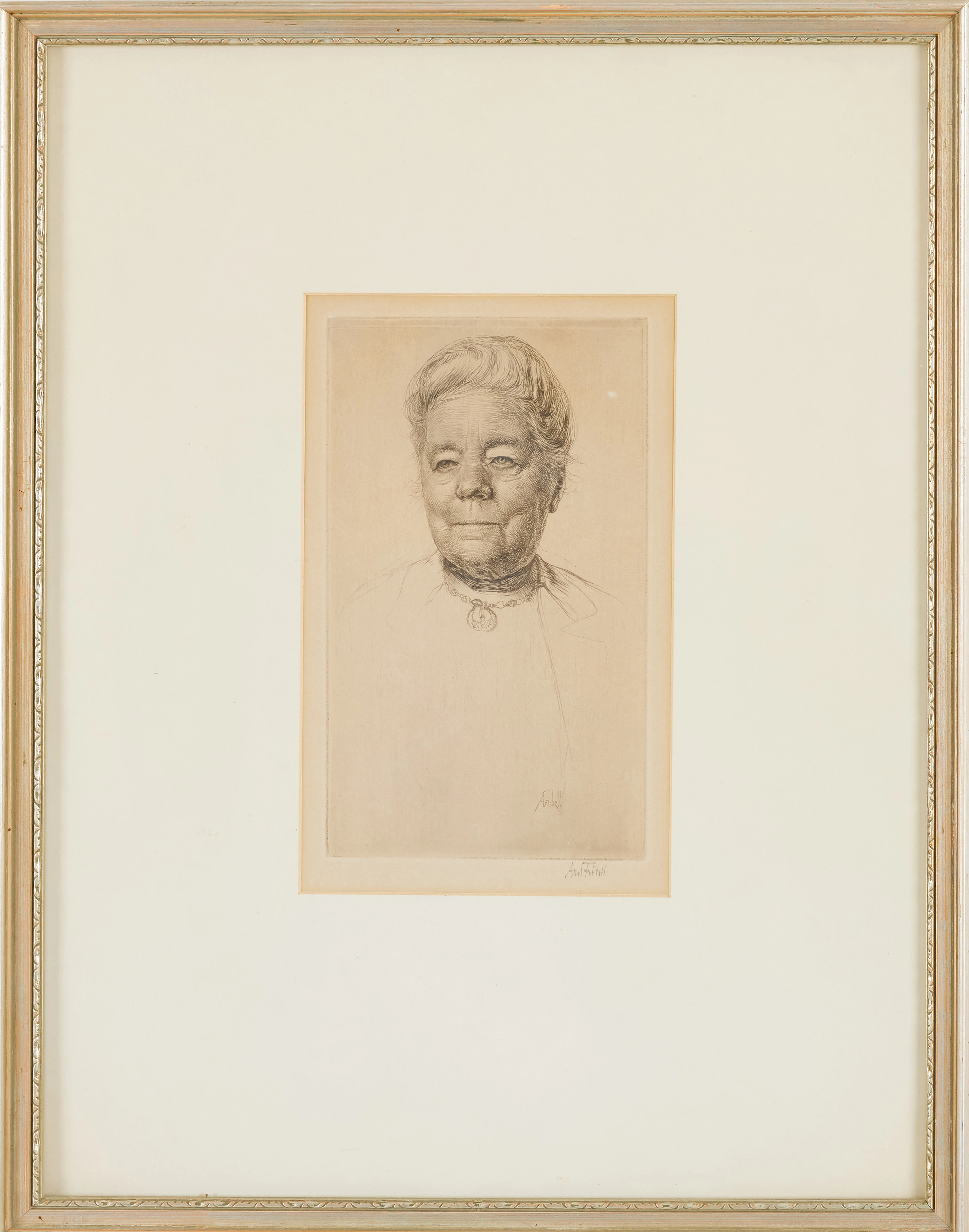 AXEL FRIDELL. Porträtt av Selma Lagerlöf, torrnålsetsning, signerad