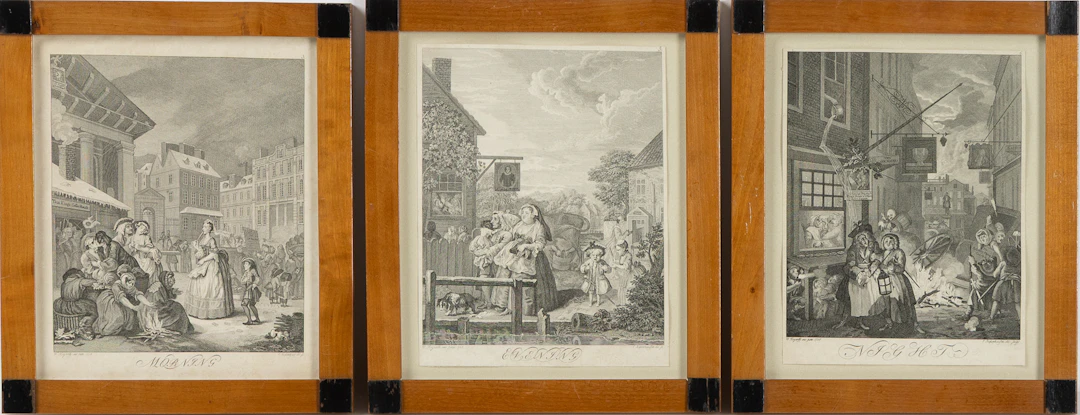 WILLIAM HOGARTH. EFTER. Gravyrer, 3 st, "Morning", "Evening" och "Night"