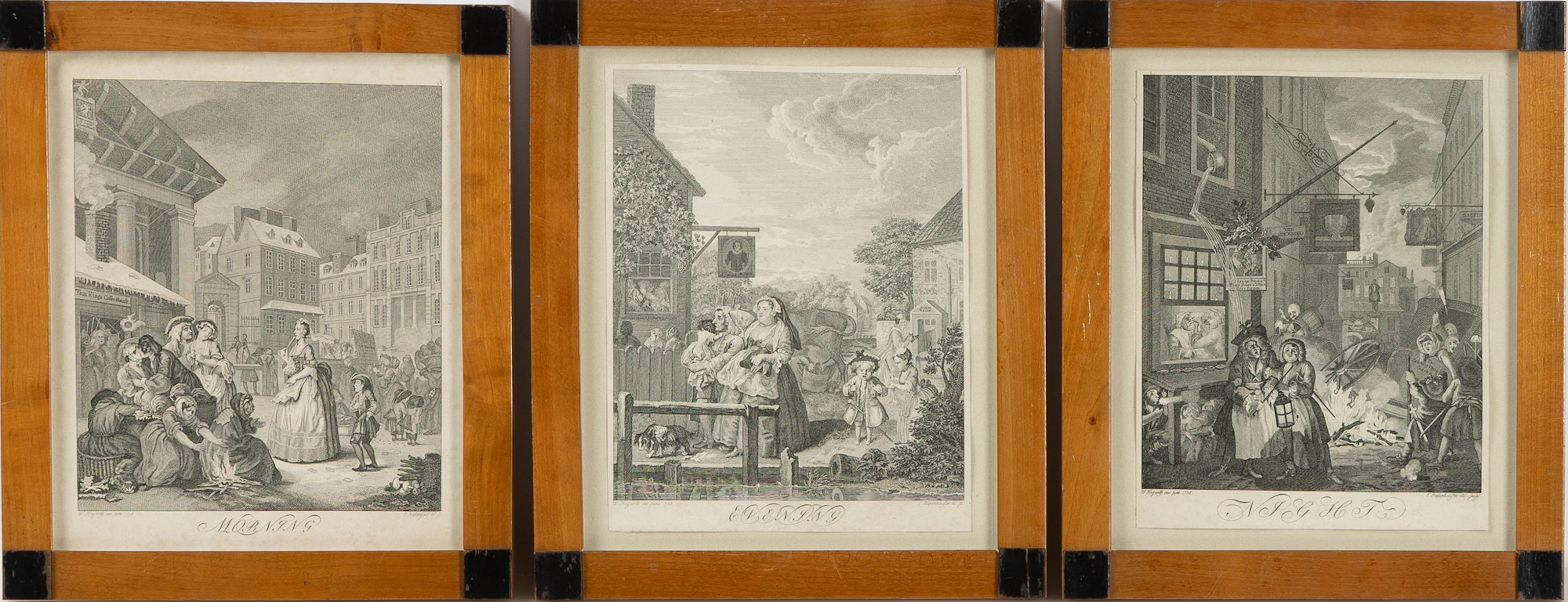 WILLIAM HOGARTH. EFTER. Gravyrer, 3 st, "Morning", "Evening" och "Night"