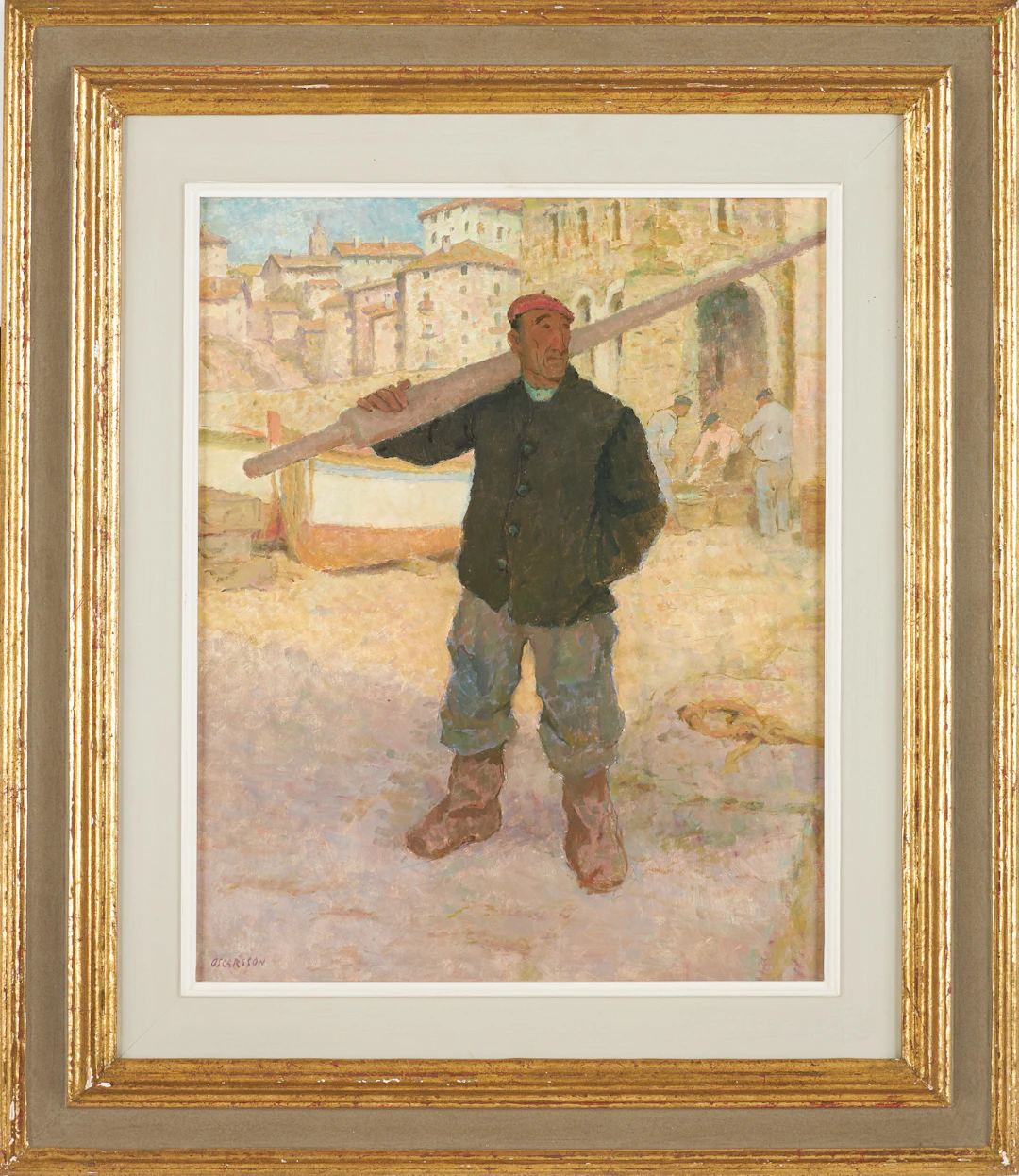 BERNHARD OSCARSSON. Hamnarbetare, olja på pannå, signerad.