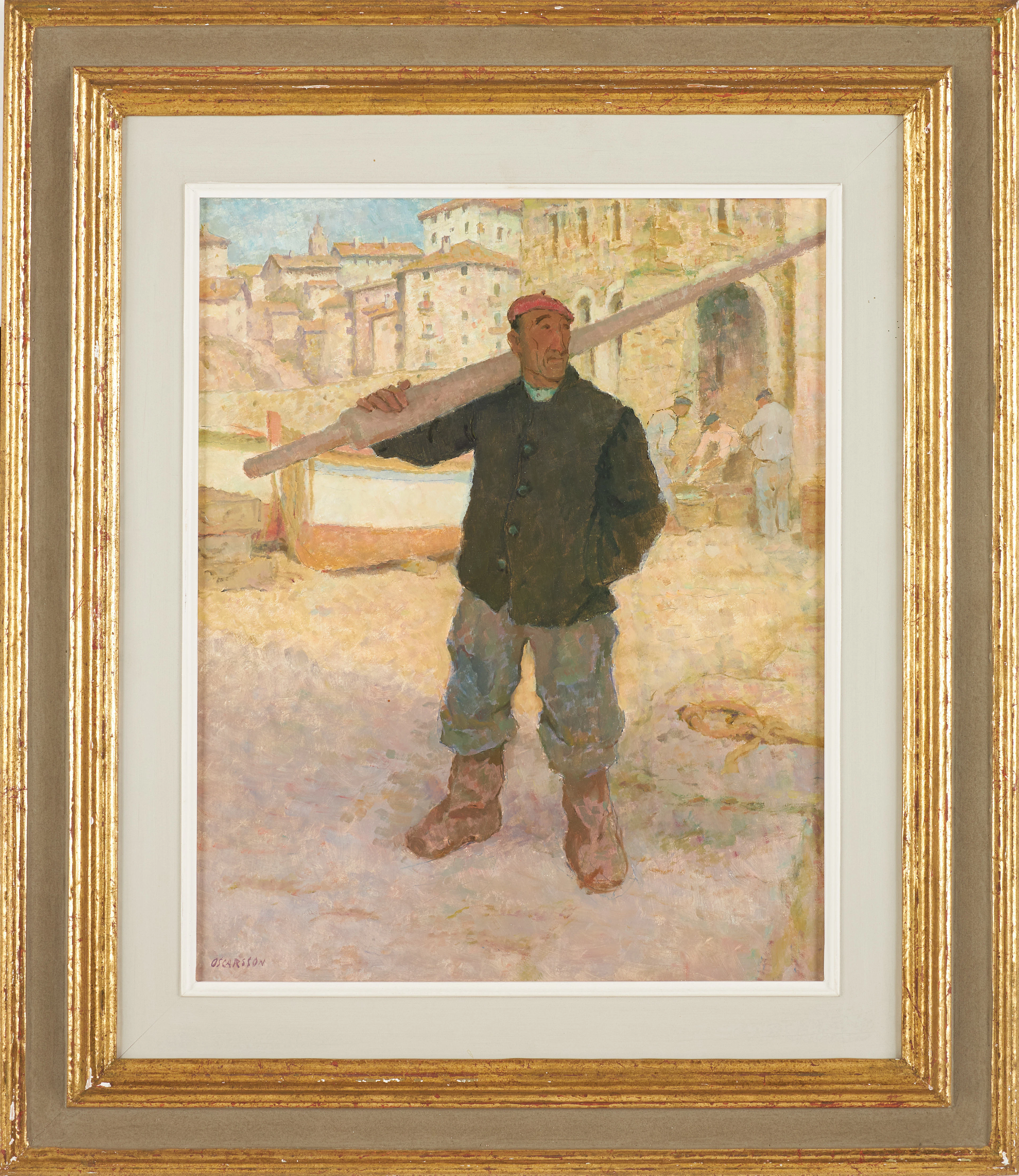 BERNHARD OSCARSSON. Hamnarbetare, olja på pannå, signerad.