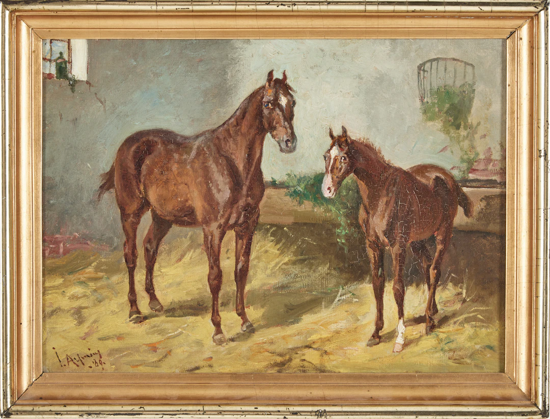JOHN ARSENIUS (1818-1903). Gårdsmotiv med hästar i stall, olja på