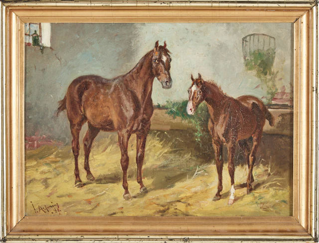 JOHN ARSENIUS (1818-1903). Gårdsmotiv med hästar i stall, olja på