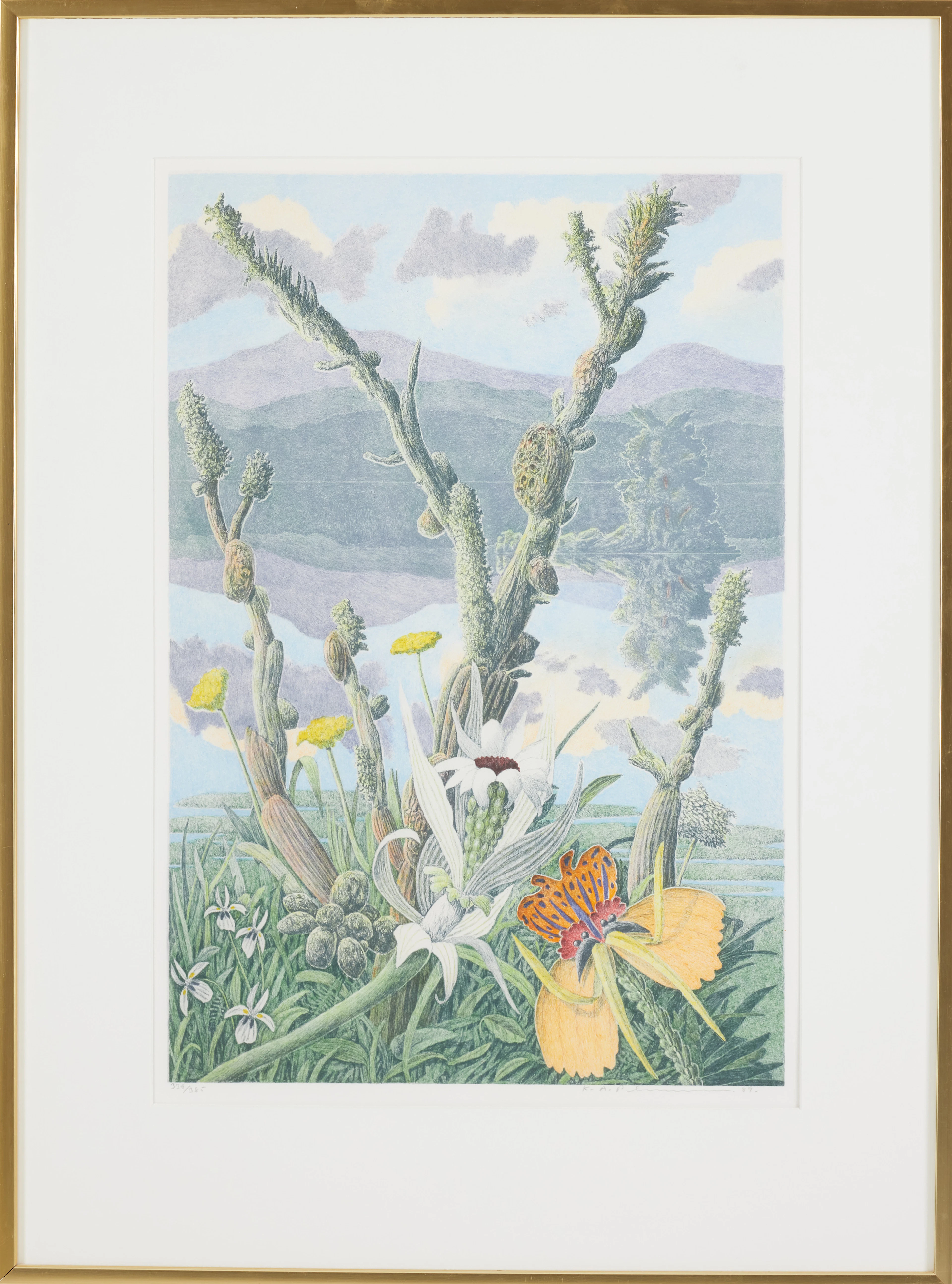 KARL AXEL PEHRSON. Landskap med blomster, färglitografi, signerad