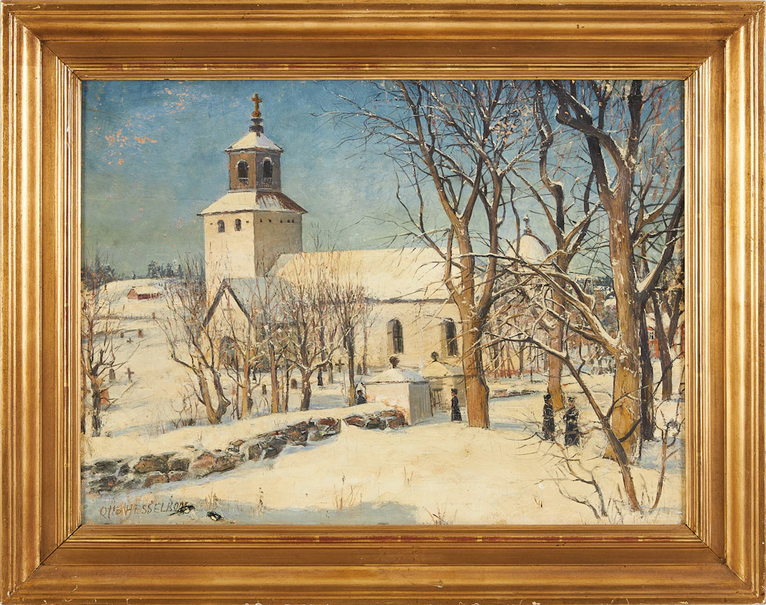 OTTO HESSELBOM. "Spånga kyrka", signerad och daterad, olja på pannå.