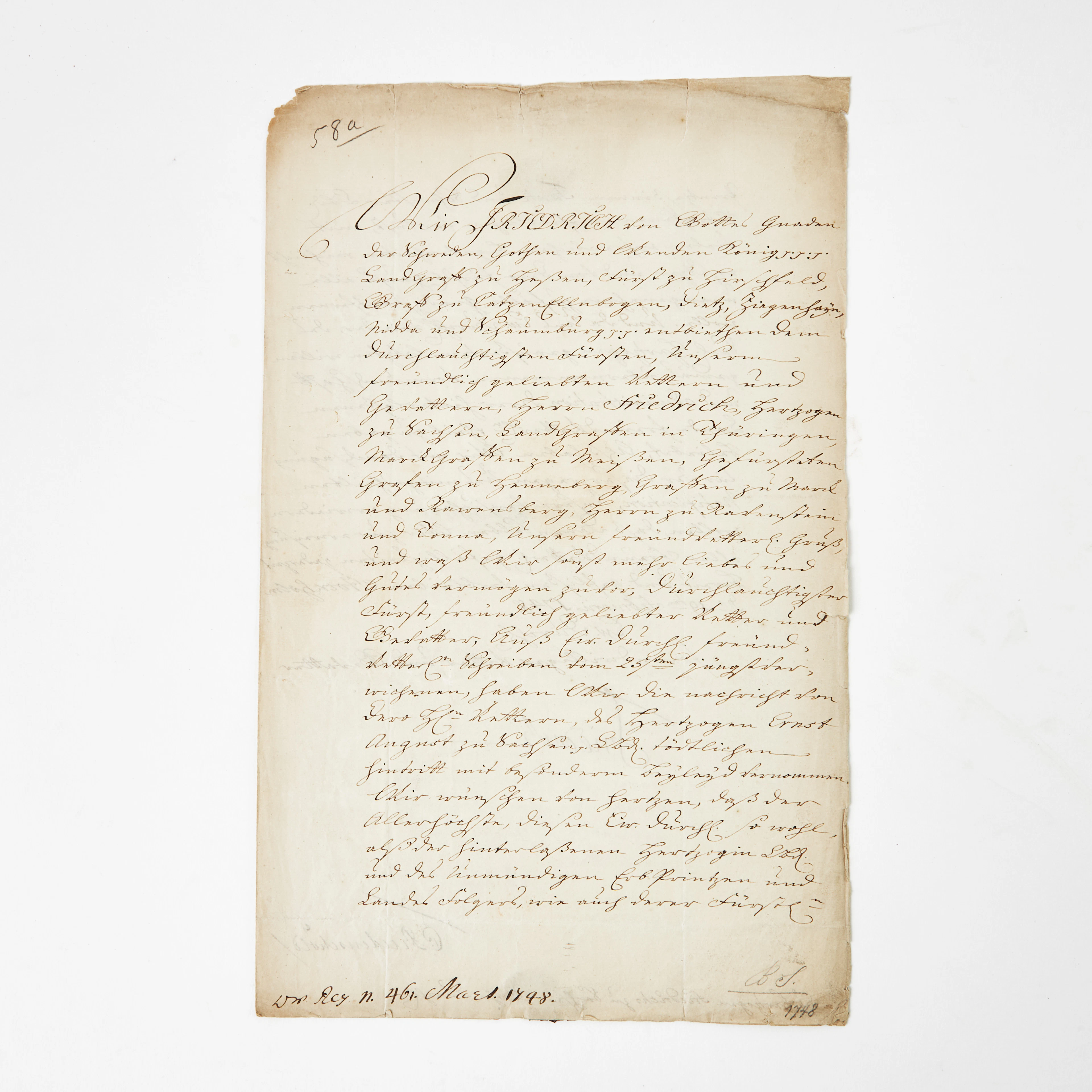 FREDRIK I - undertecknat kondoleansbrev, 1748.