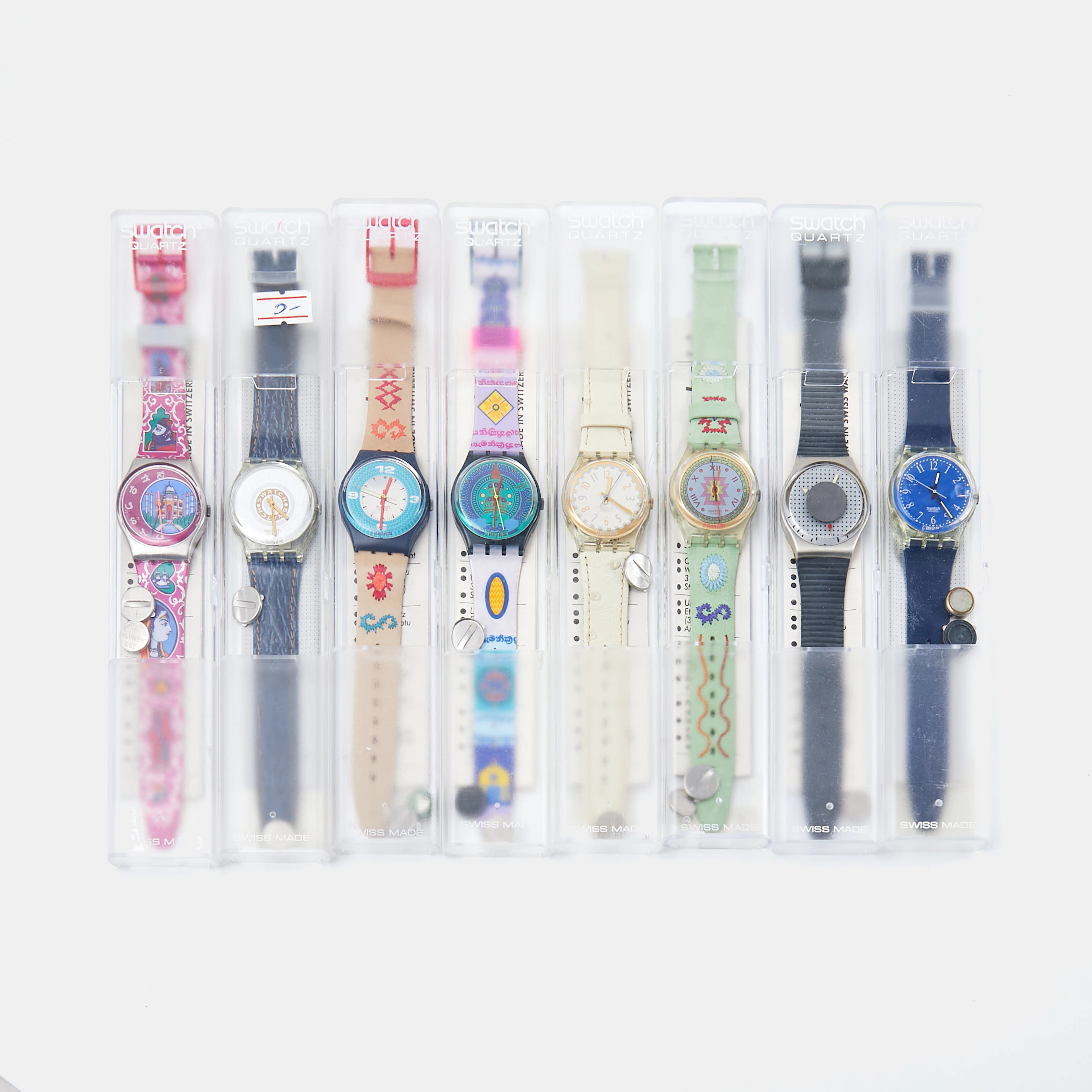 SWATCH, 8 styck, samling armbandsur, 1980/1990-tal, i originalförpackningar.