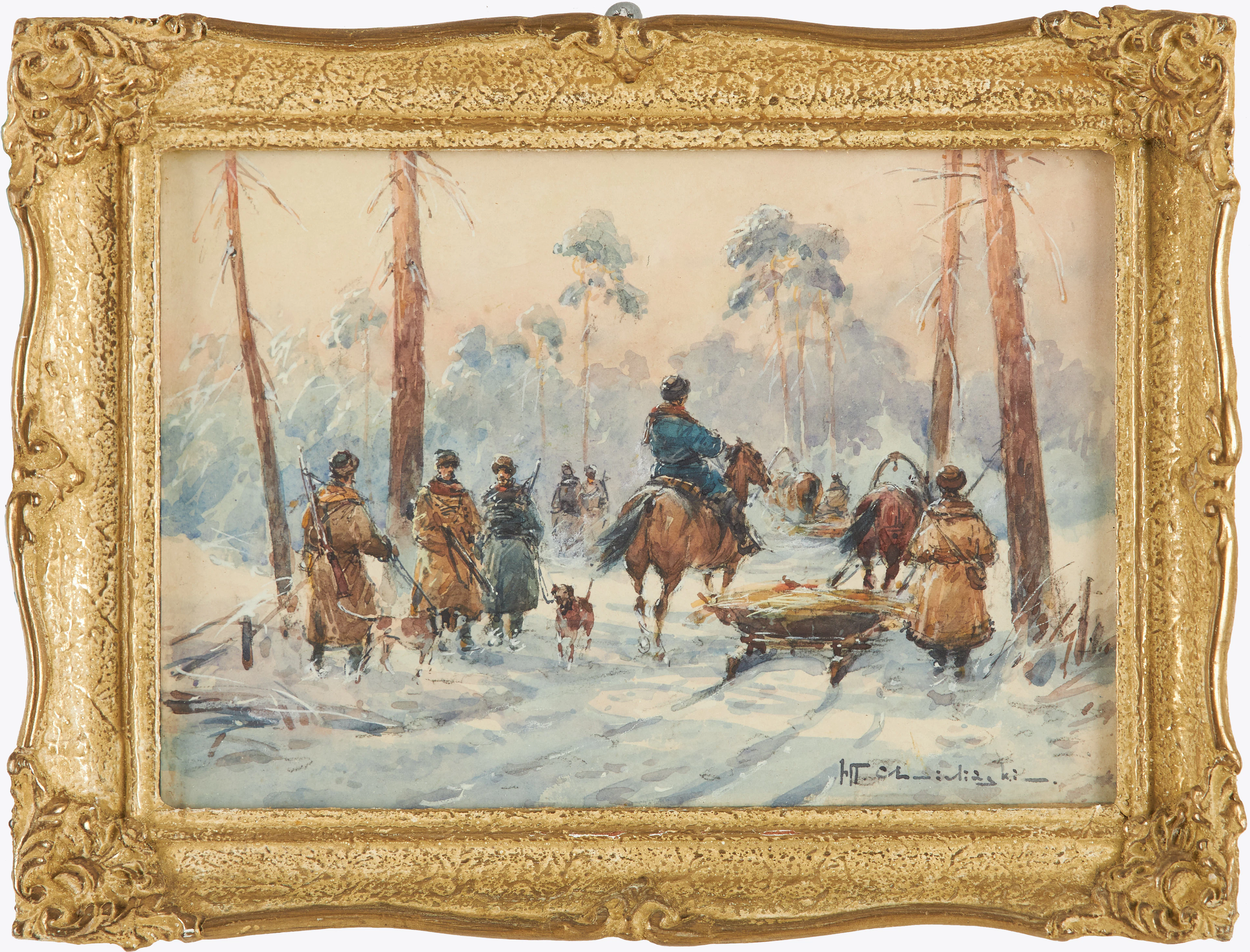 WLADYSLAW CHMIELINSKI (POLEN 1911-1979). Jägare i skogslandskap, akvarell