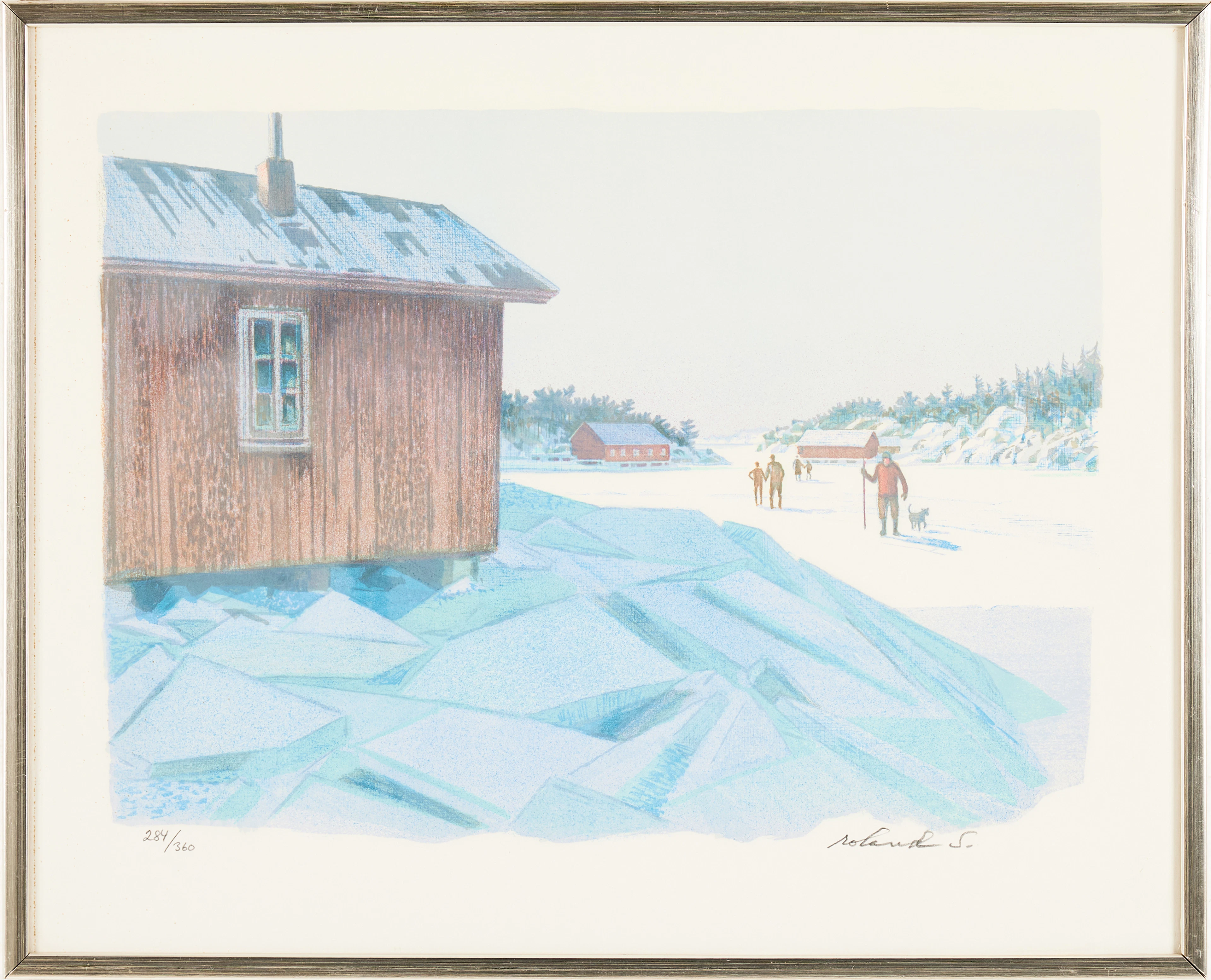 ROLAND SVENSSON. "Söndag på isen, Möja", litografi, signerad, numrerad 284/360.