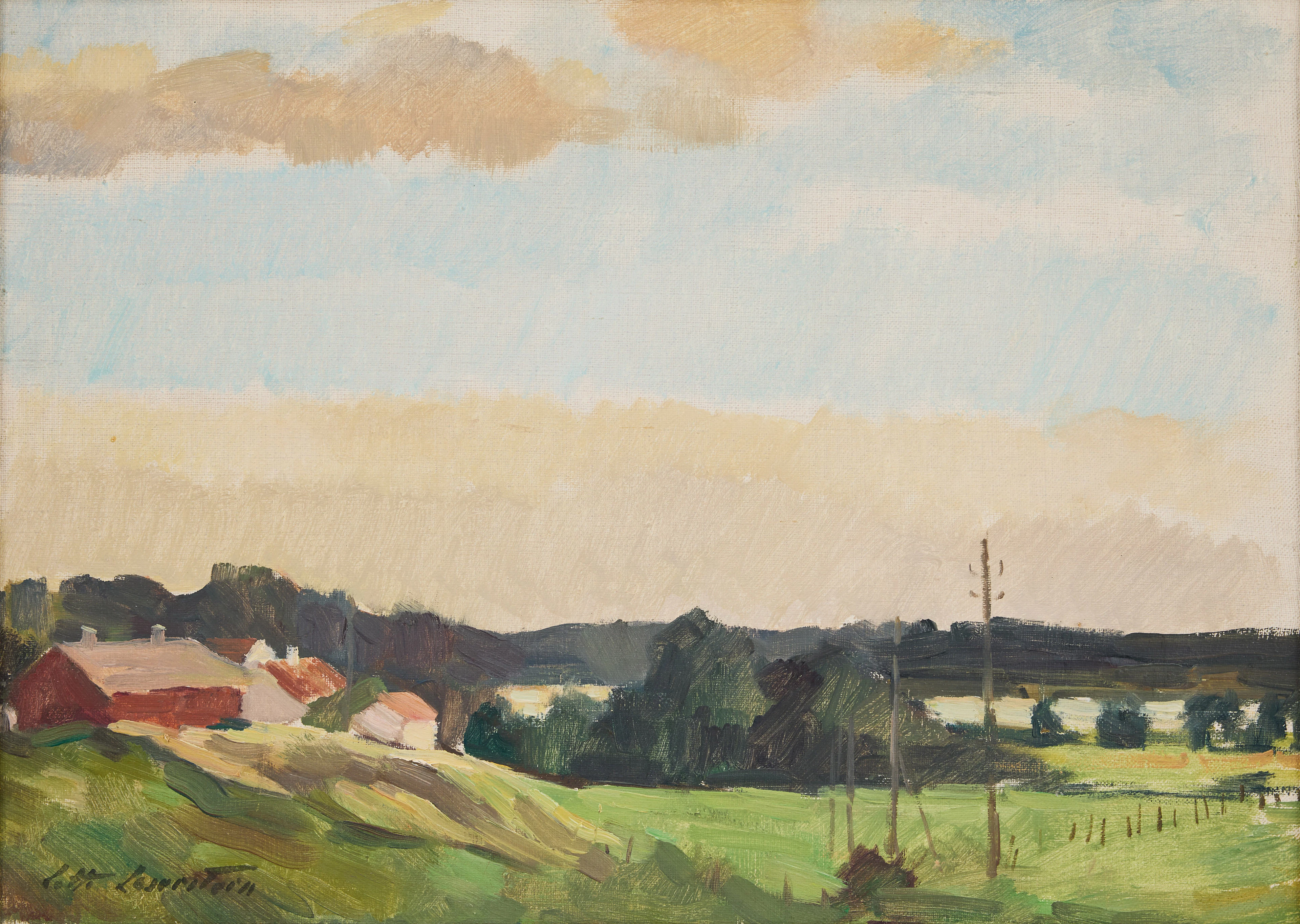 LOTTE LASERSTEIN. Sommarlandskap med gårdsbyggnader vid vatten.