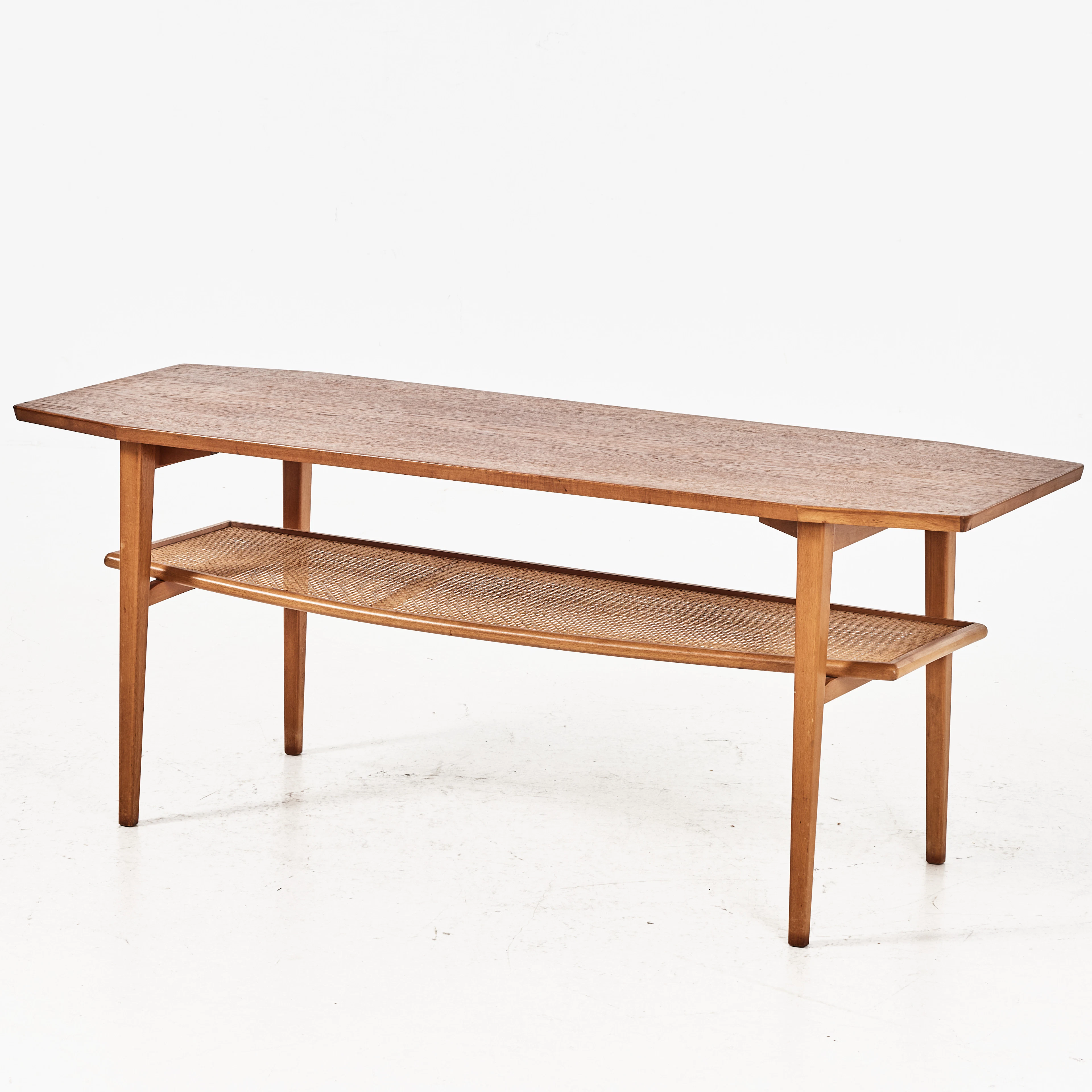 SOFFBORD, 1960-tal, fanerad i teak, ben i bok, rottinghylla.