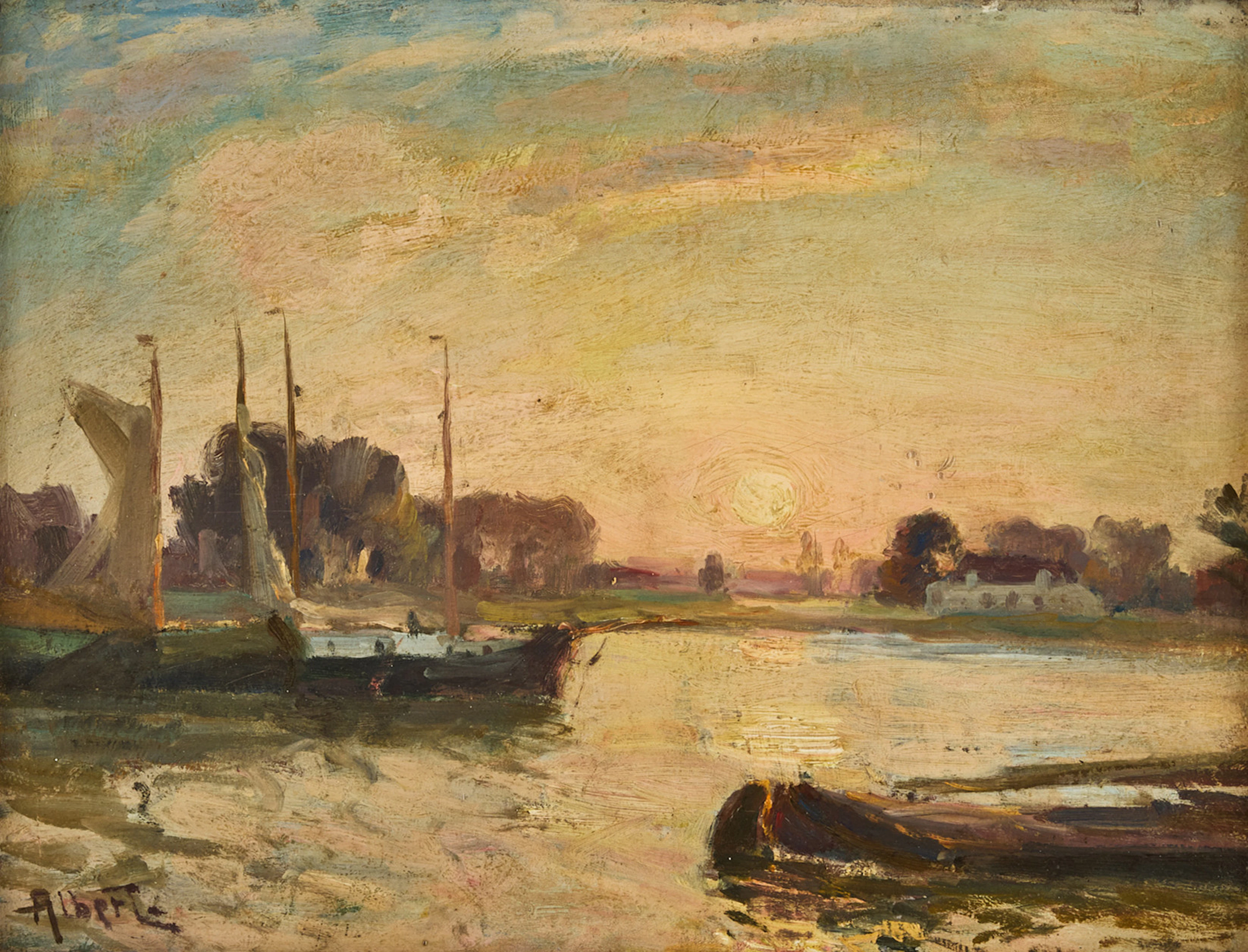 GUSTAVE ALBERT. Landskap med solnedgång.