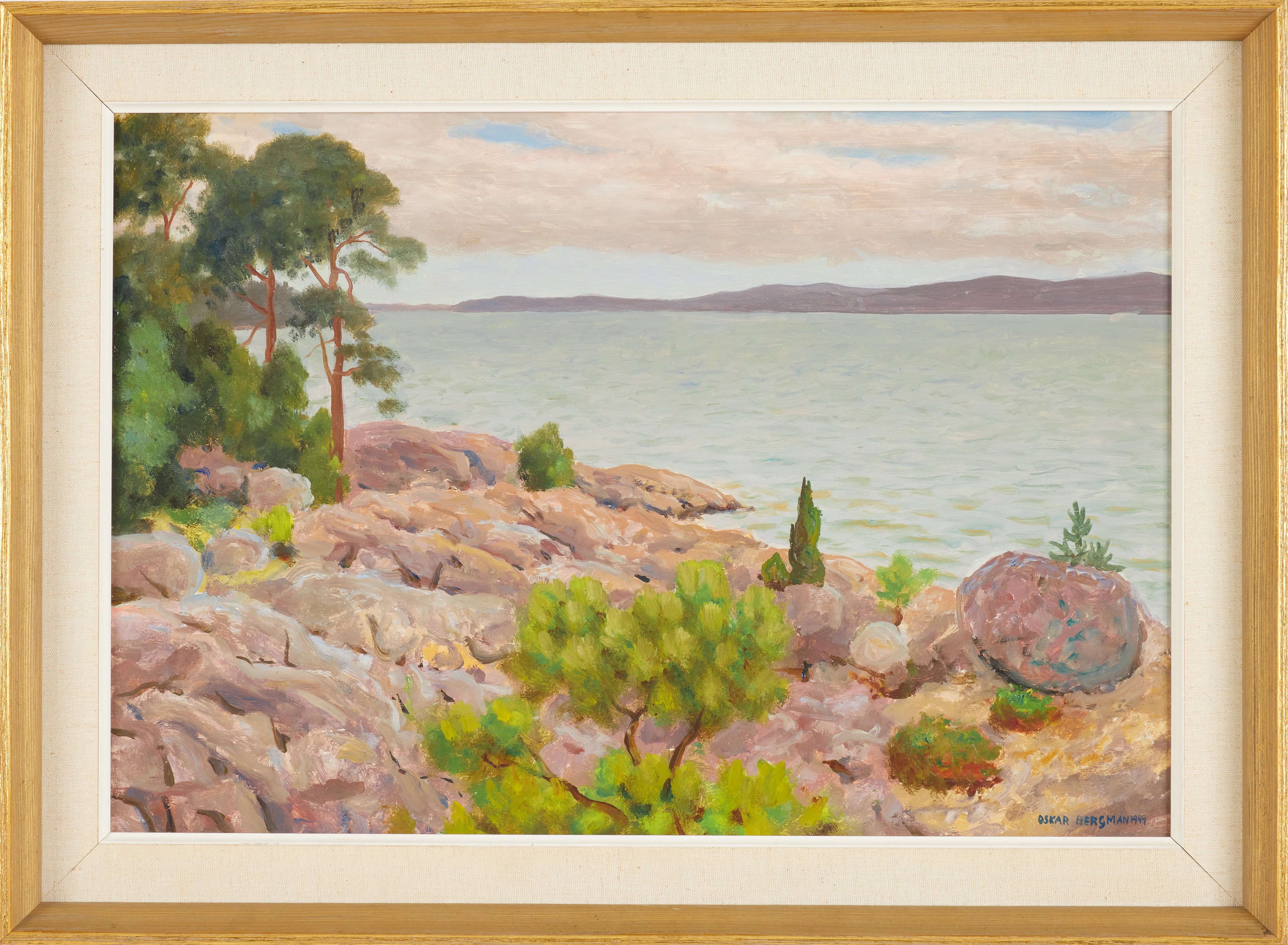 OSKAR BERGMAN. Kustmotiv, klippor, olja på pannå, signerad och daterad 1949.