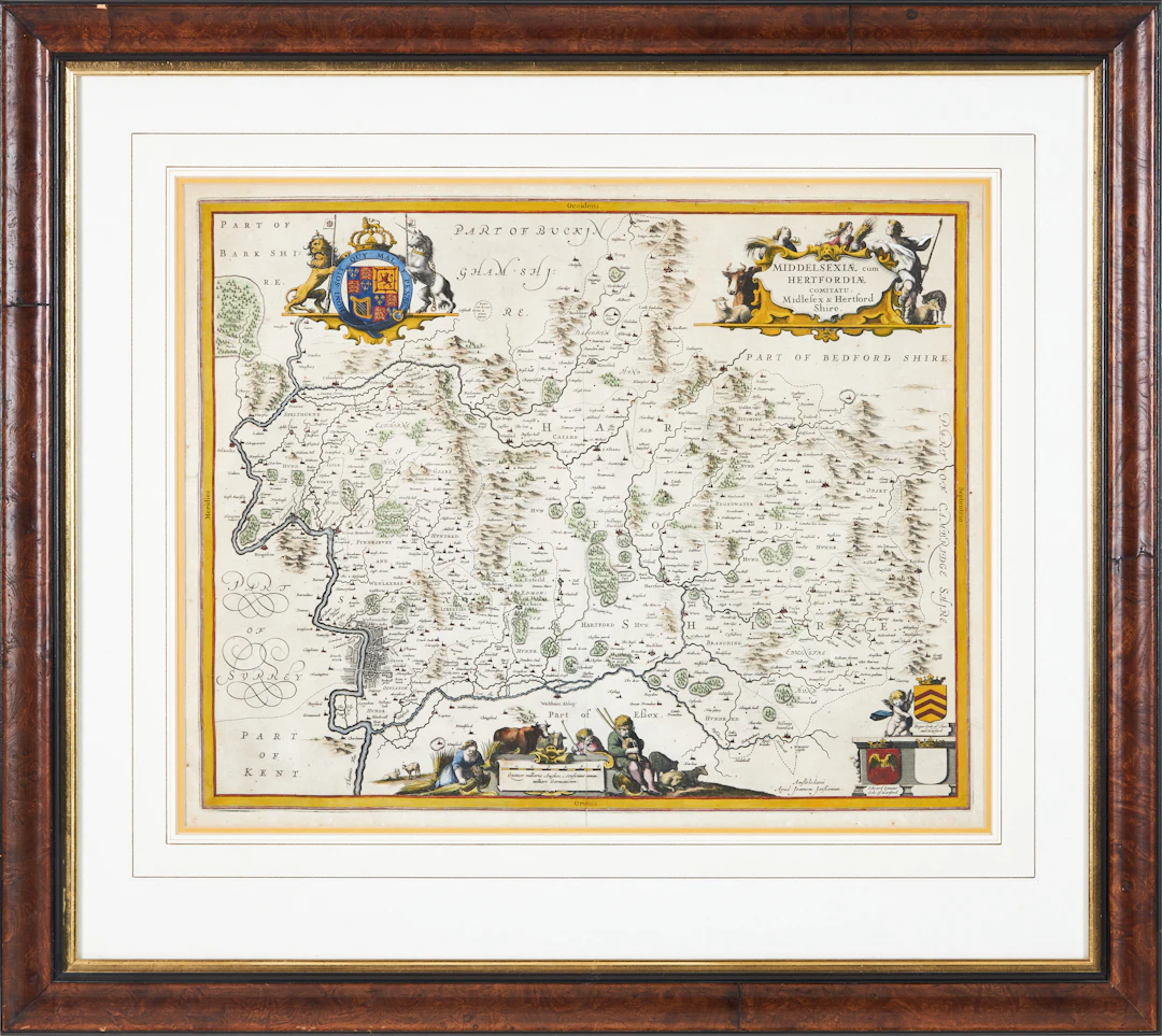 KARTA ÖVER MIDDLESEX AND HERTFORDSHIRE, JANSSONIUS, ca 1640.