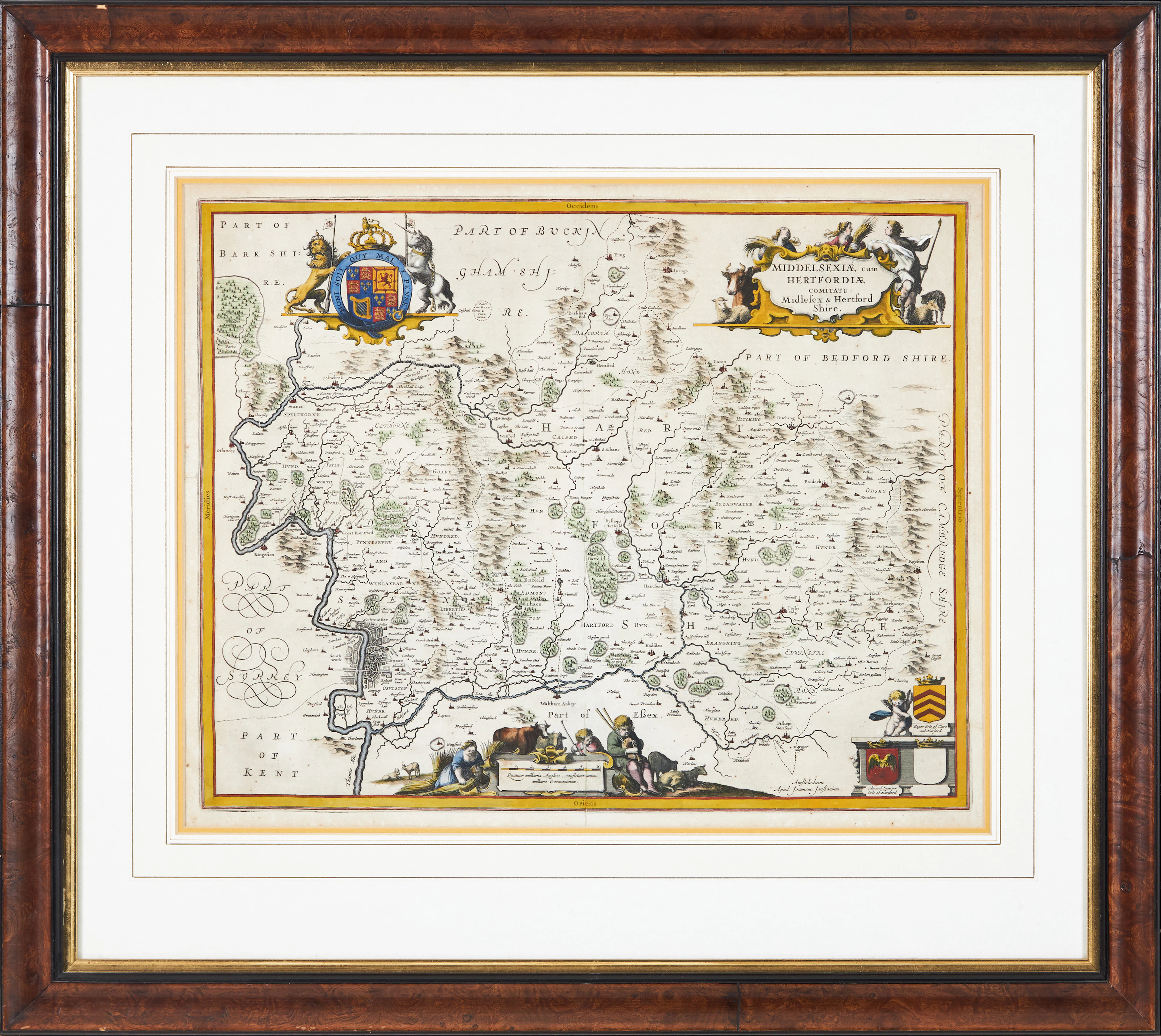KARTA ÖVER MIDDLESEX AND HERTFORDSHIRE, JANSSONIUS, ca 1640.