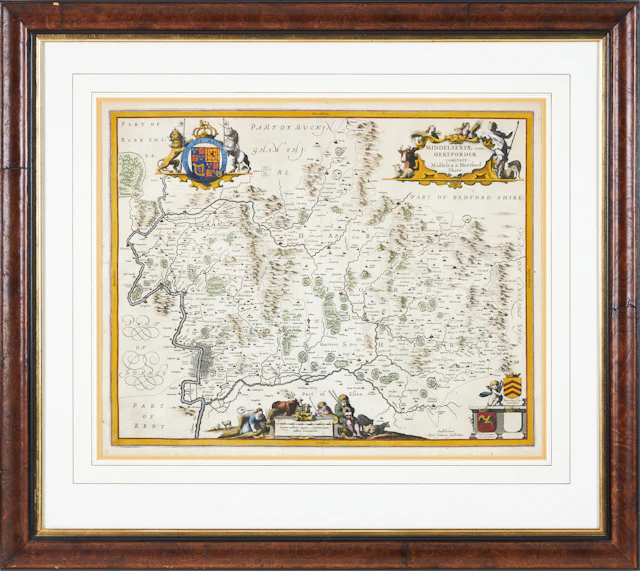 KARTA ÖVER MIDDLESEX AND HERTFORDSHIRE, JANSSONIUS, ca 1640.