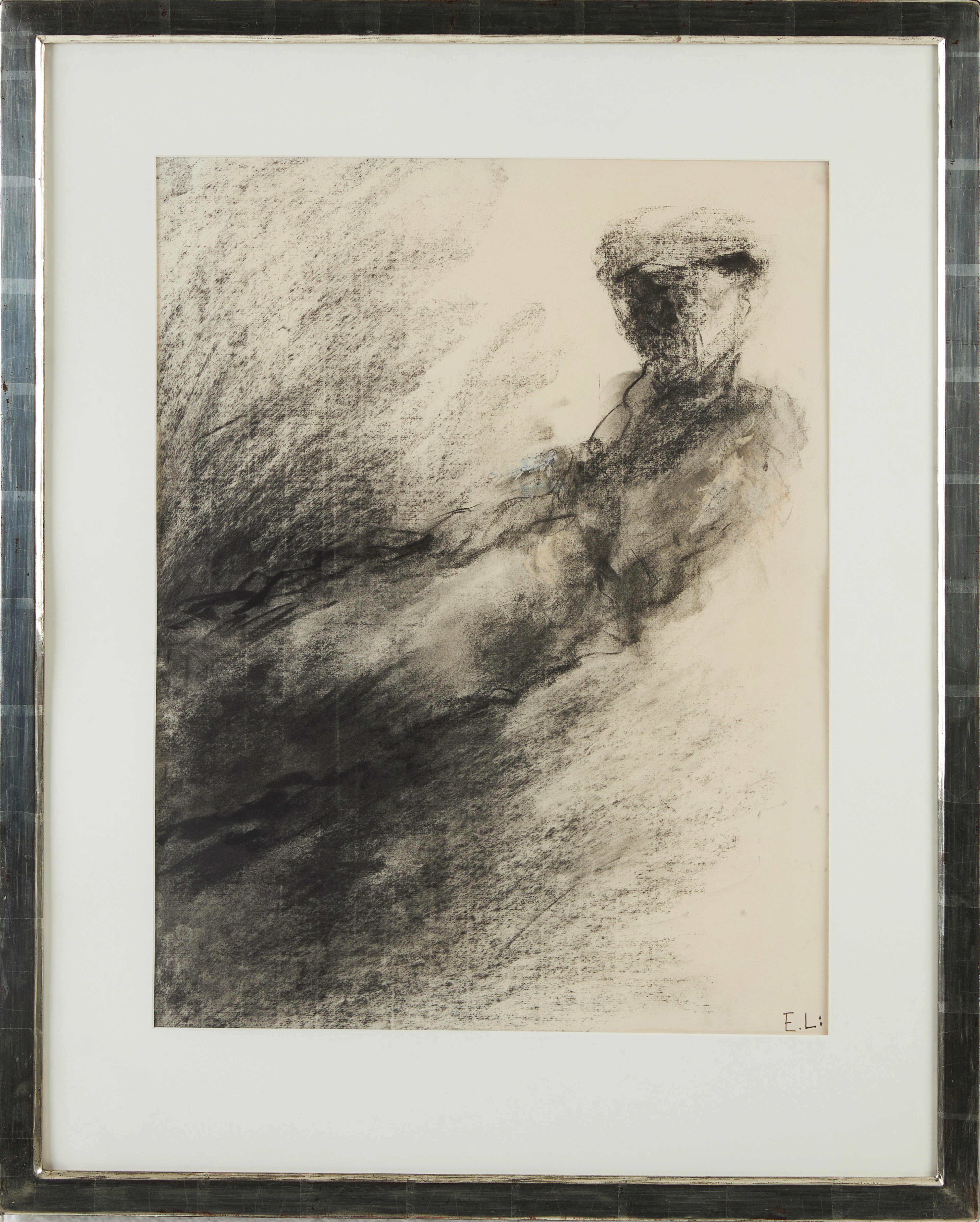 EVERT LUNDQUIST. Komposition, monogramsignerad, kolteckning.