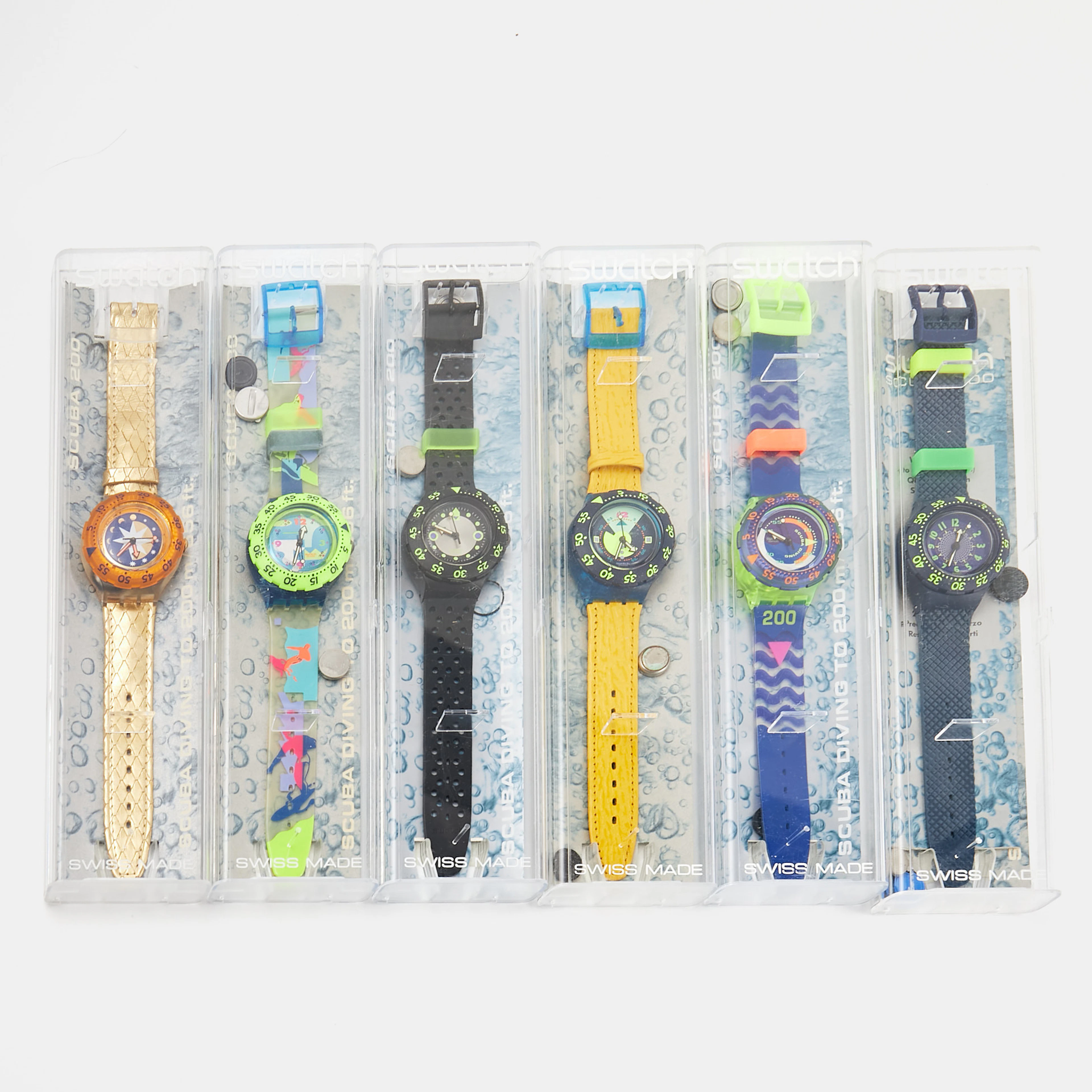 SWATCH, 6 styck, Scuba 200, samling armbandsur, 1980/1990-tal, i