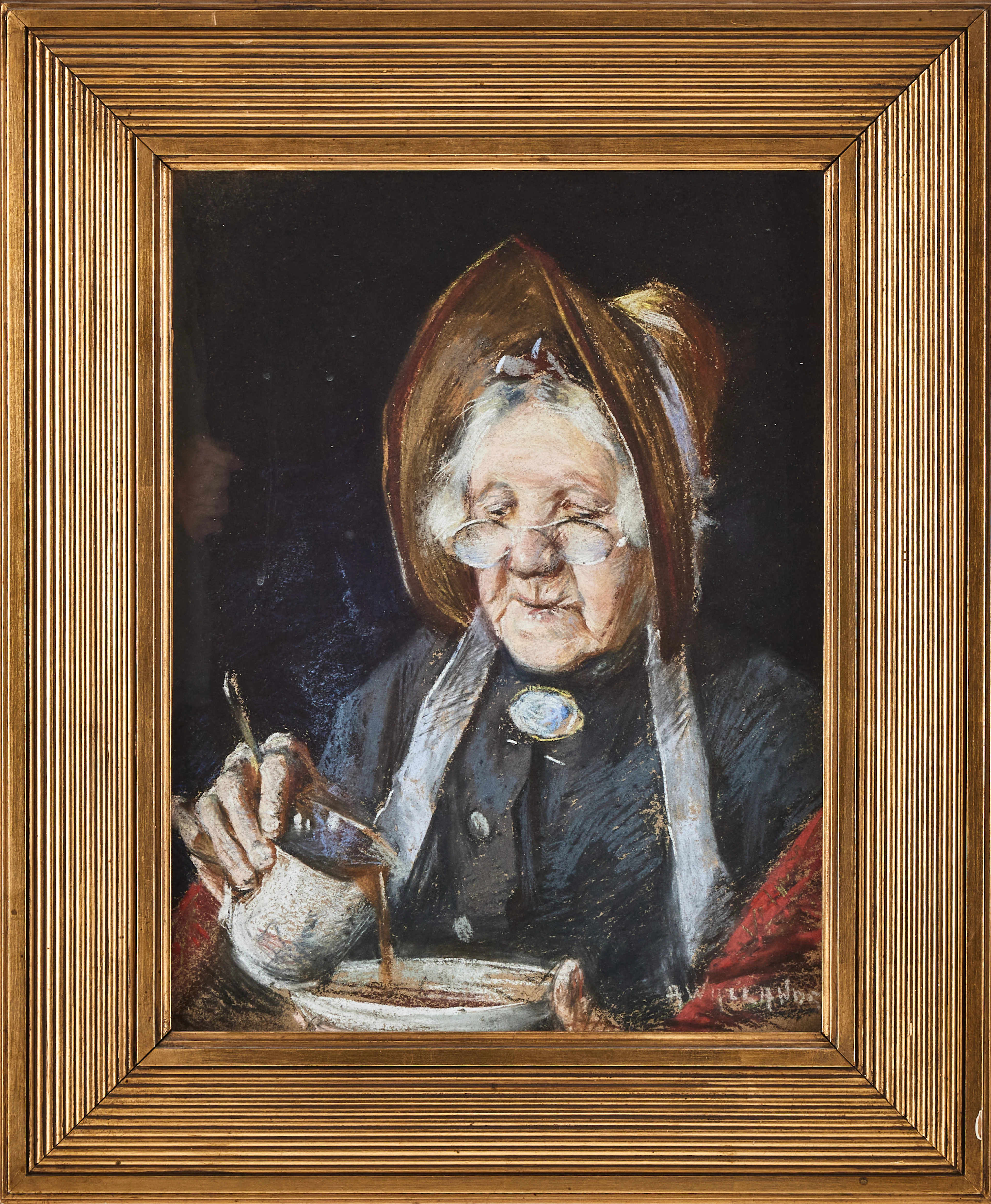 ALF WALLANDER. Gumma med kaffekopp, pastell, signerad.
