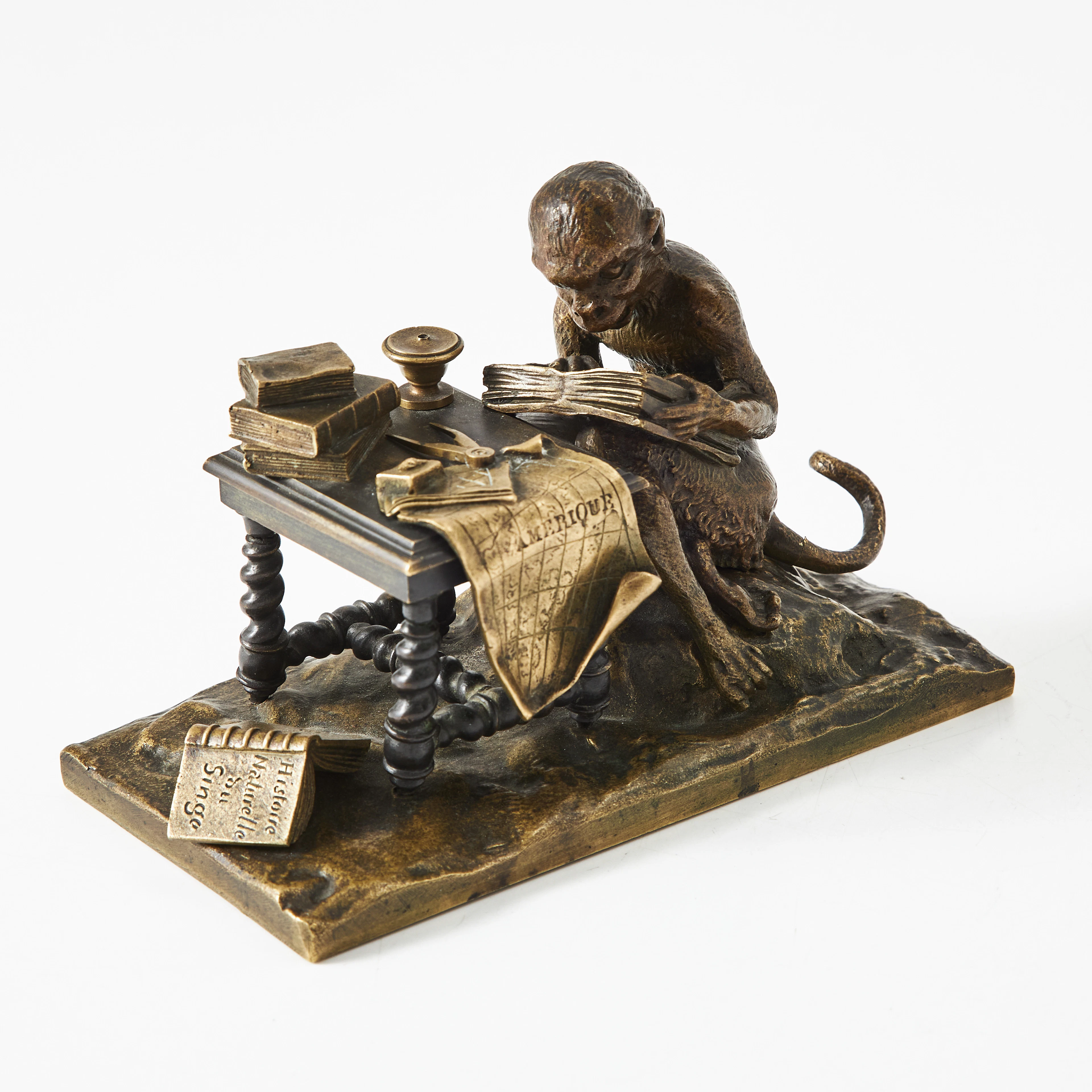 SKULPTUR, Frankrike, 1800-tal, patinerad brons, i form av studerande apa.