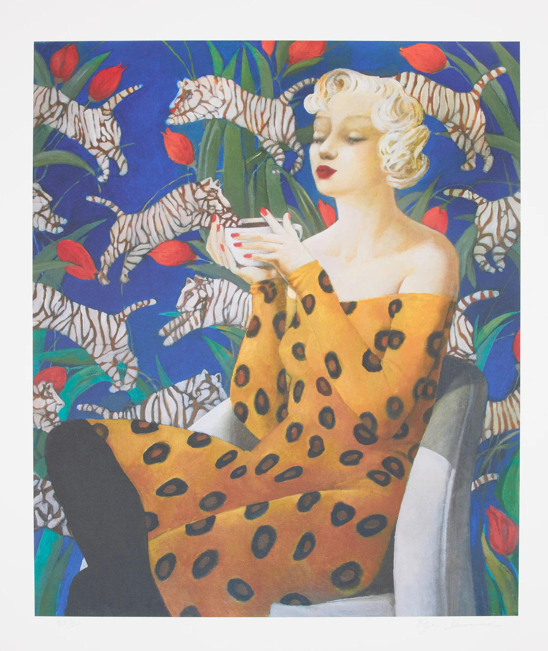OLGA SEMENOVA. Kvinna i fåtölj, färglitografi, numrerad 59/90, signerad.