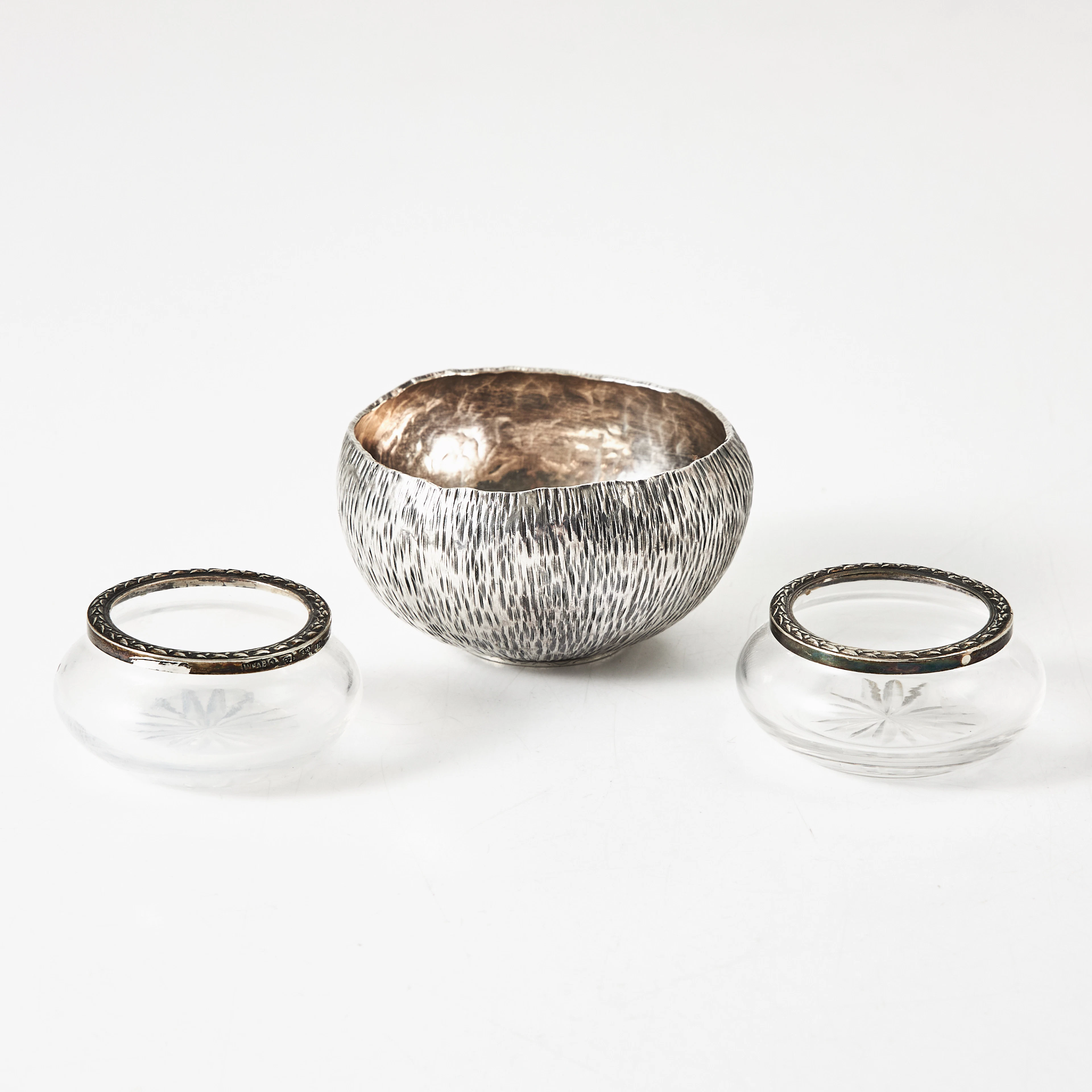 W.A. BOLIN, saltkar, 1 par, glas med beslag av silver, 1980.