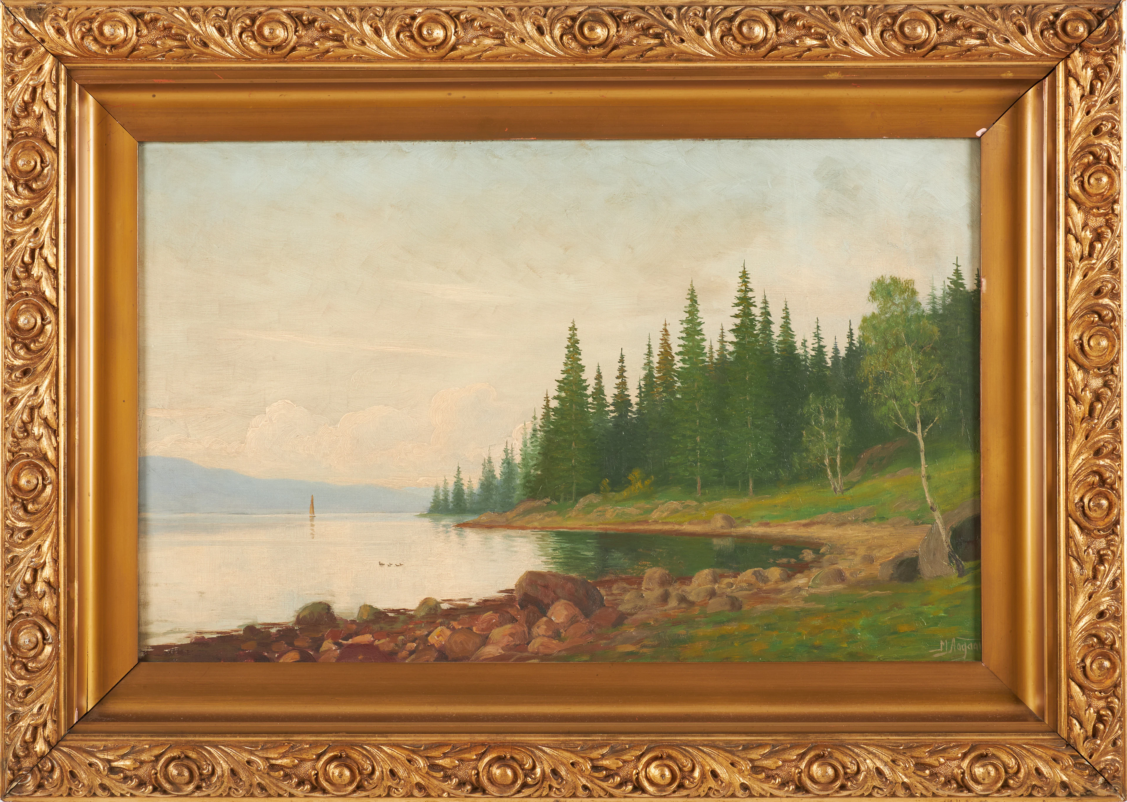 MARTIN AAGAARD. (Norge 1863-1913), Landskapsmotiv med vik, olja på
