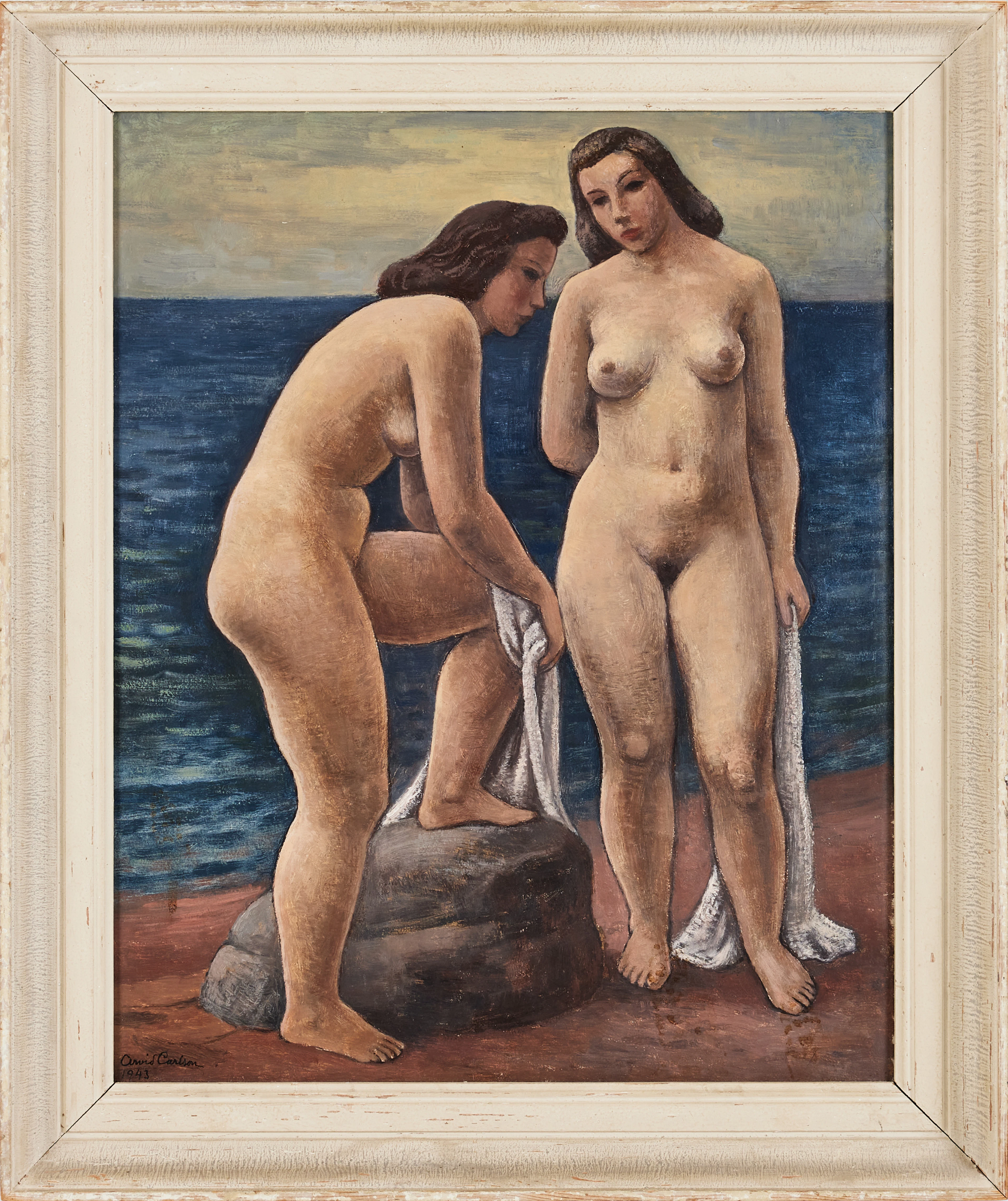 ARVID CARLSON (1895-1962). "Badande" oljemålning på pannå. Signerad