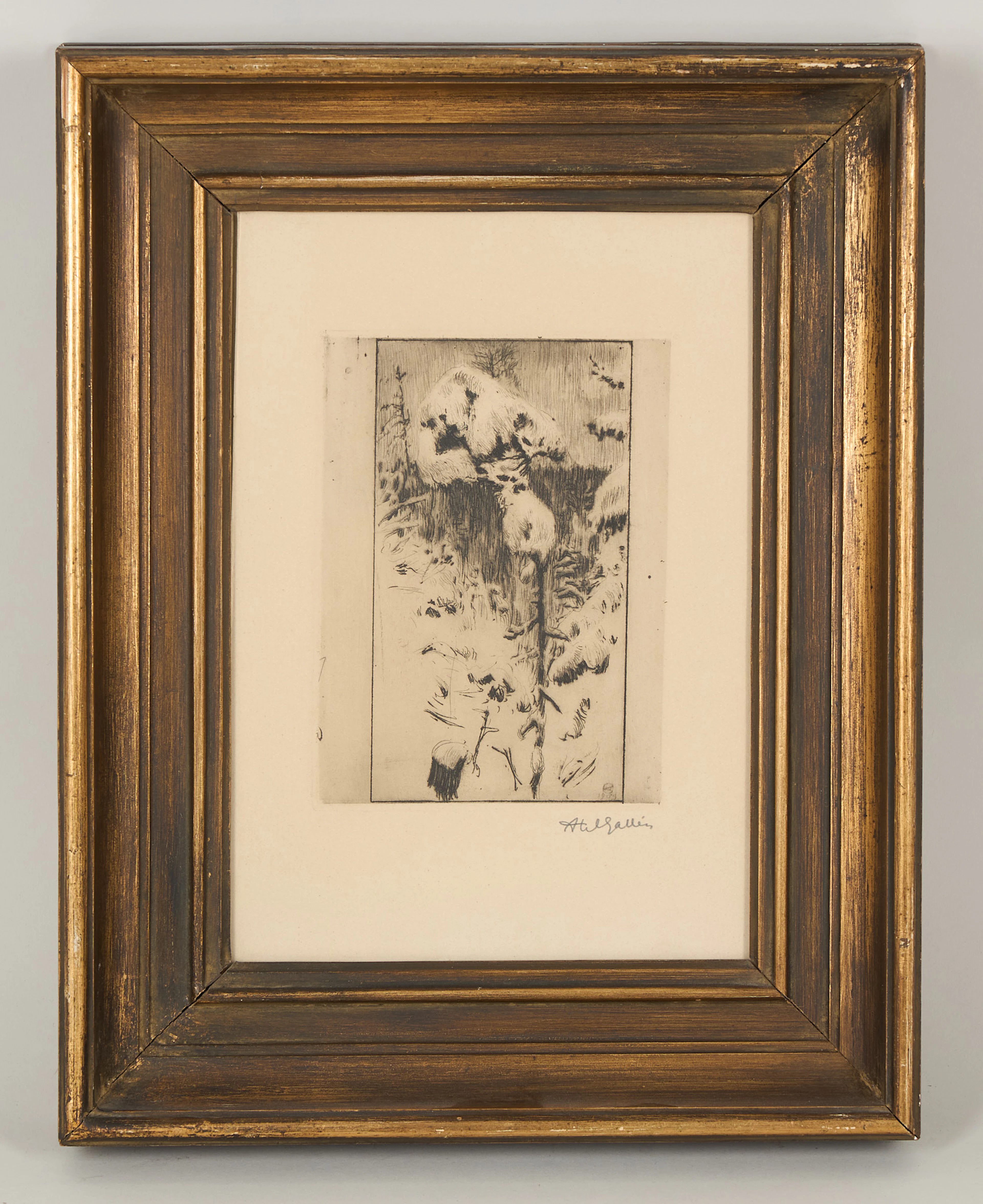 AKSELI GALLEN-KALLELA. "Snöig tall" (1905), signerad, i plåten monogramsignerad