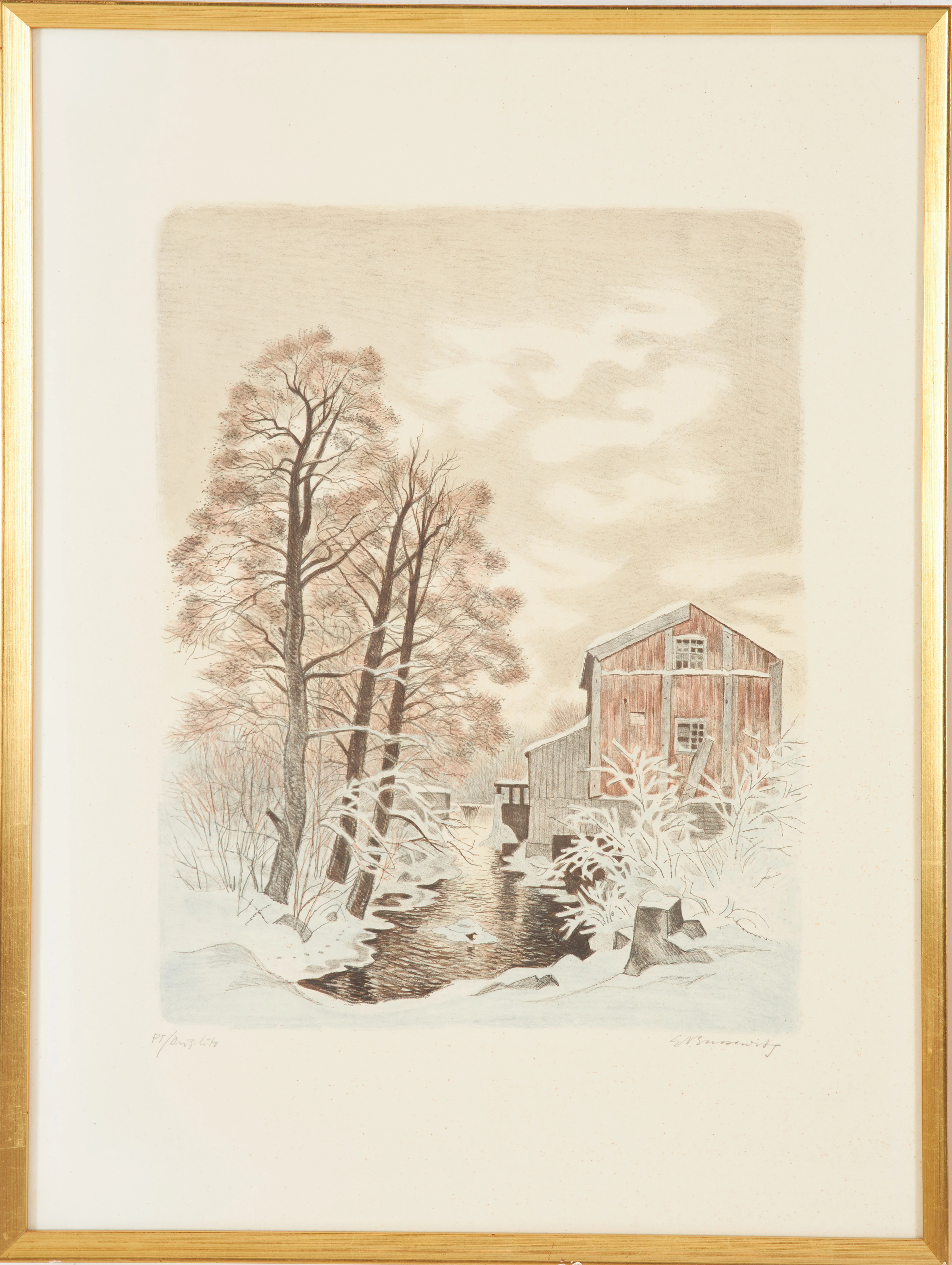 GUNNAR BRUSEWITZ. Hus vid å, provtryck, original litografi, signerad.
