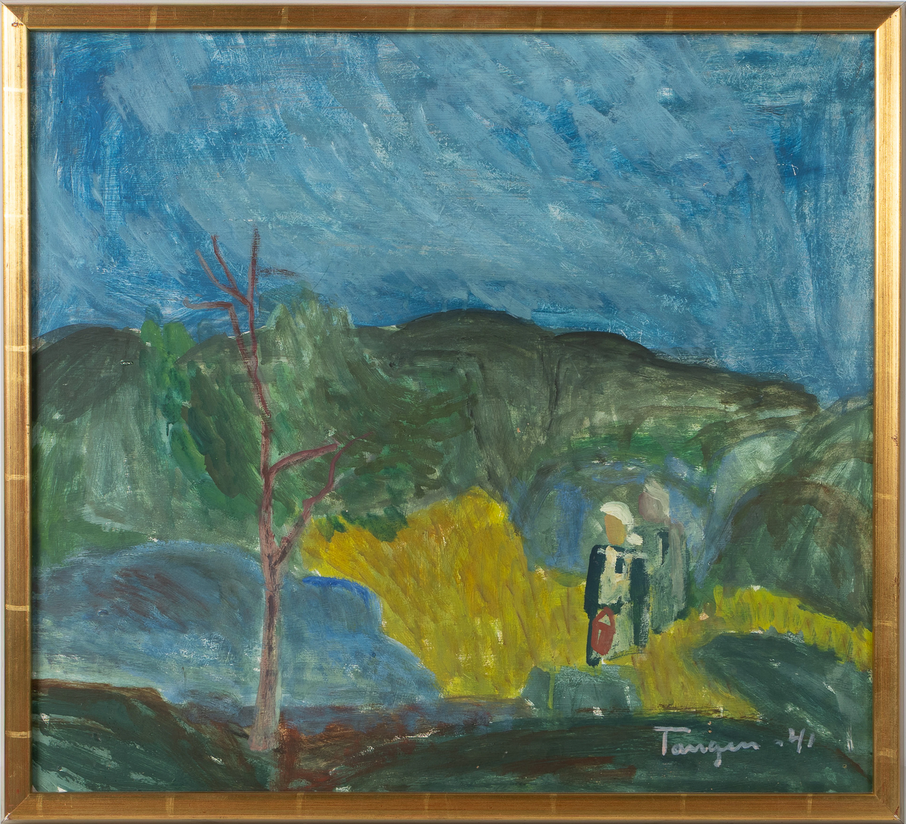 OLAF TANGEN (NORGE 1903-1997). Landskap med figurer, olja på pannå.