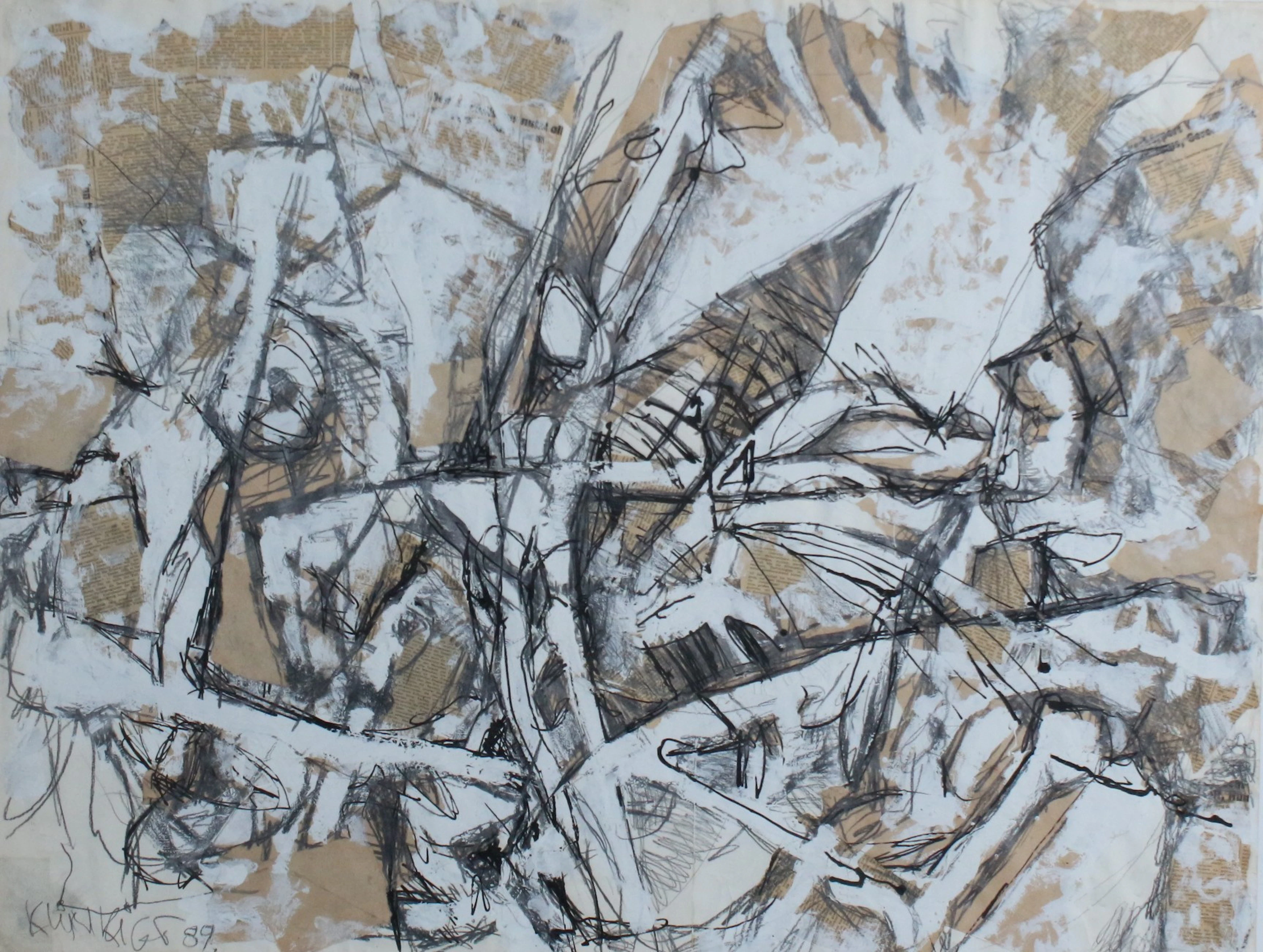 UNBEKANNTER KÜNSTLER. Mischtechnik auf Papier '' Abstrakte Collage '' (1989).