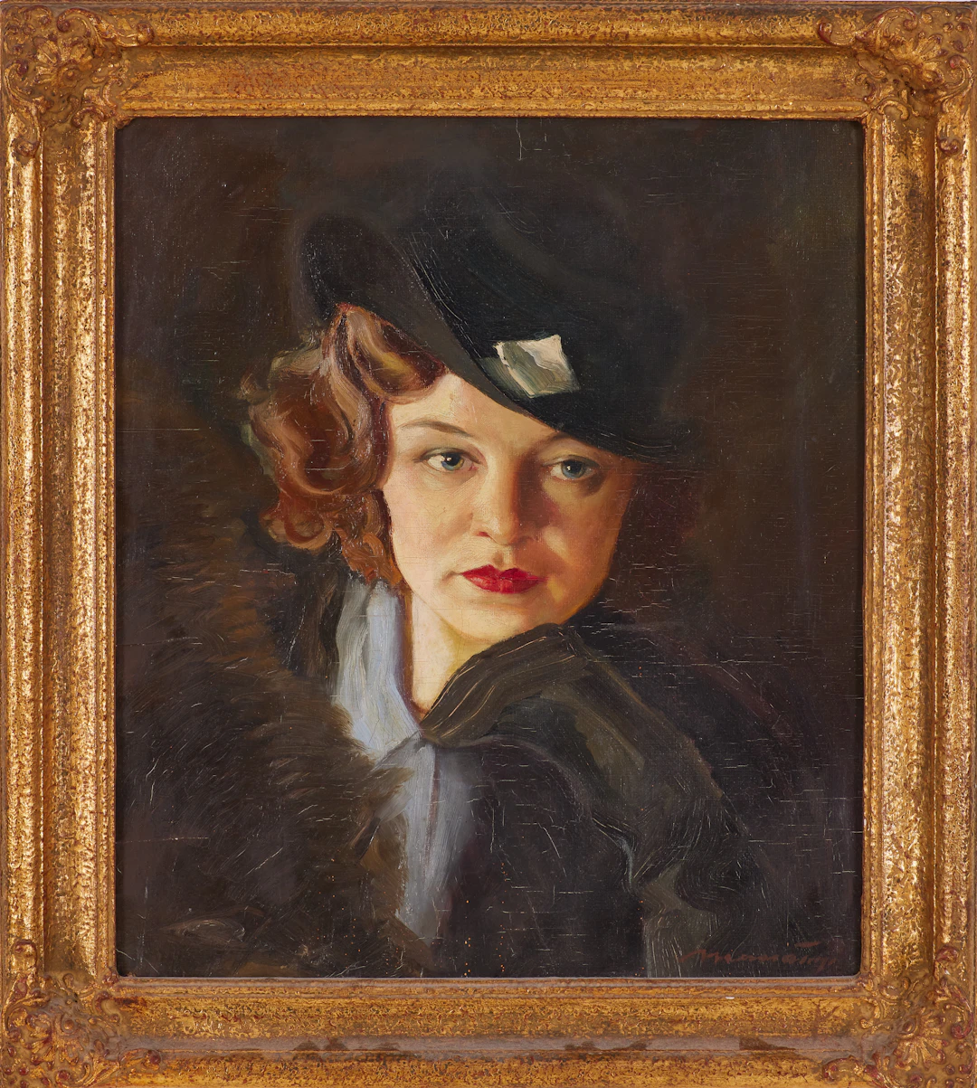 EDMUND MASSÁNYI. Slovakien (1907–1966), Kvinna i hatt, olja duk uppfordrad