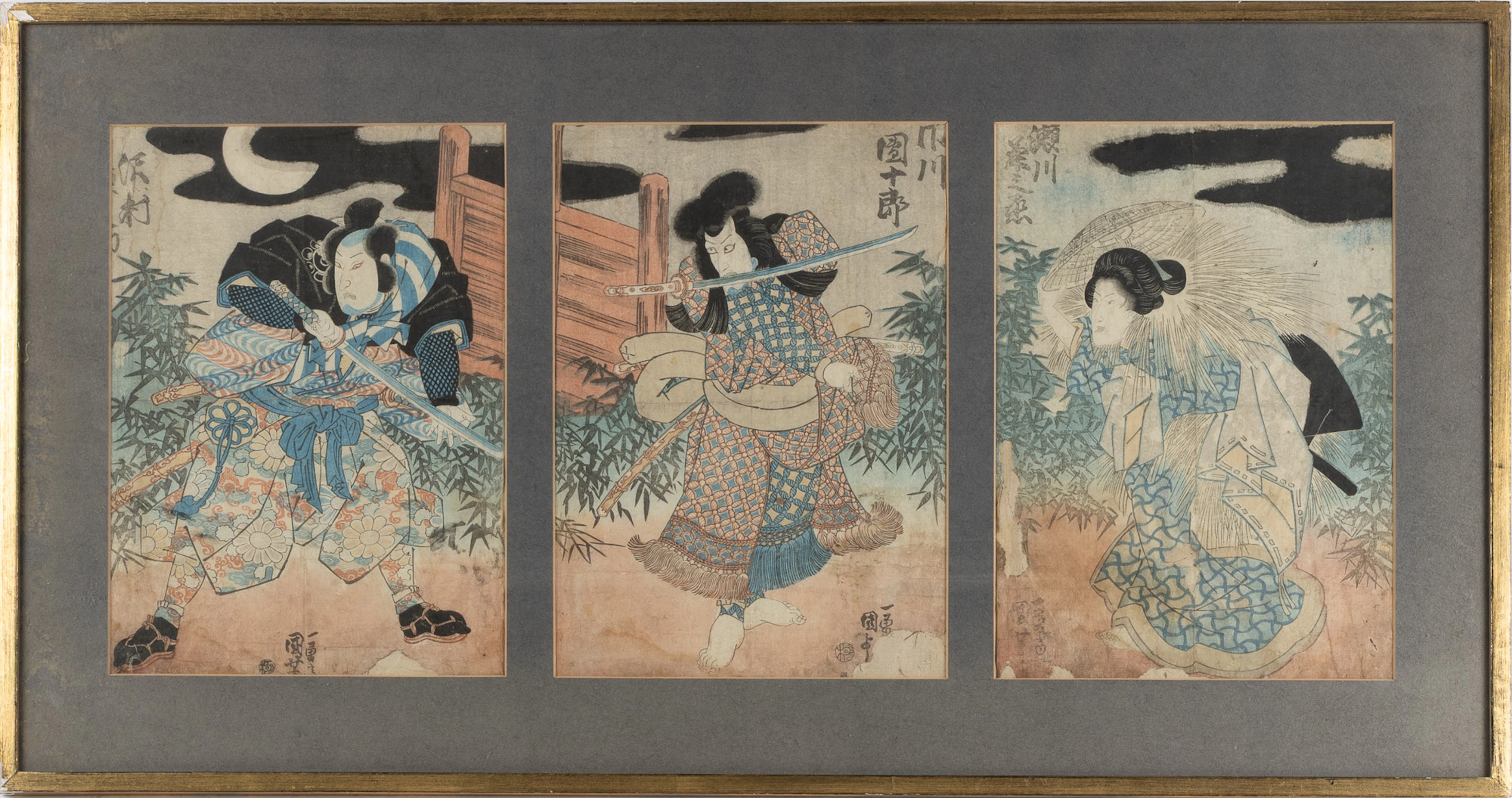 UTAGAWA KUNIYOSHI (1798-1861). TILLSKRIVEN. "Kabuki story", triptyk
