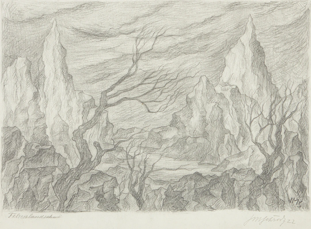 JOSEF MARIA SCHRÖDER ( TYSK 1886-1962). Klippigt landskap, blyerts