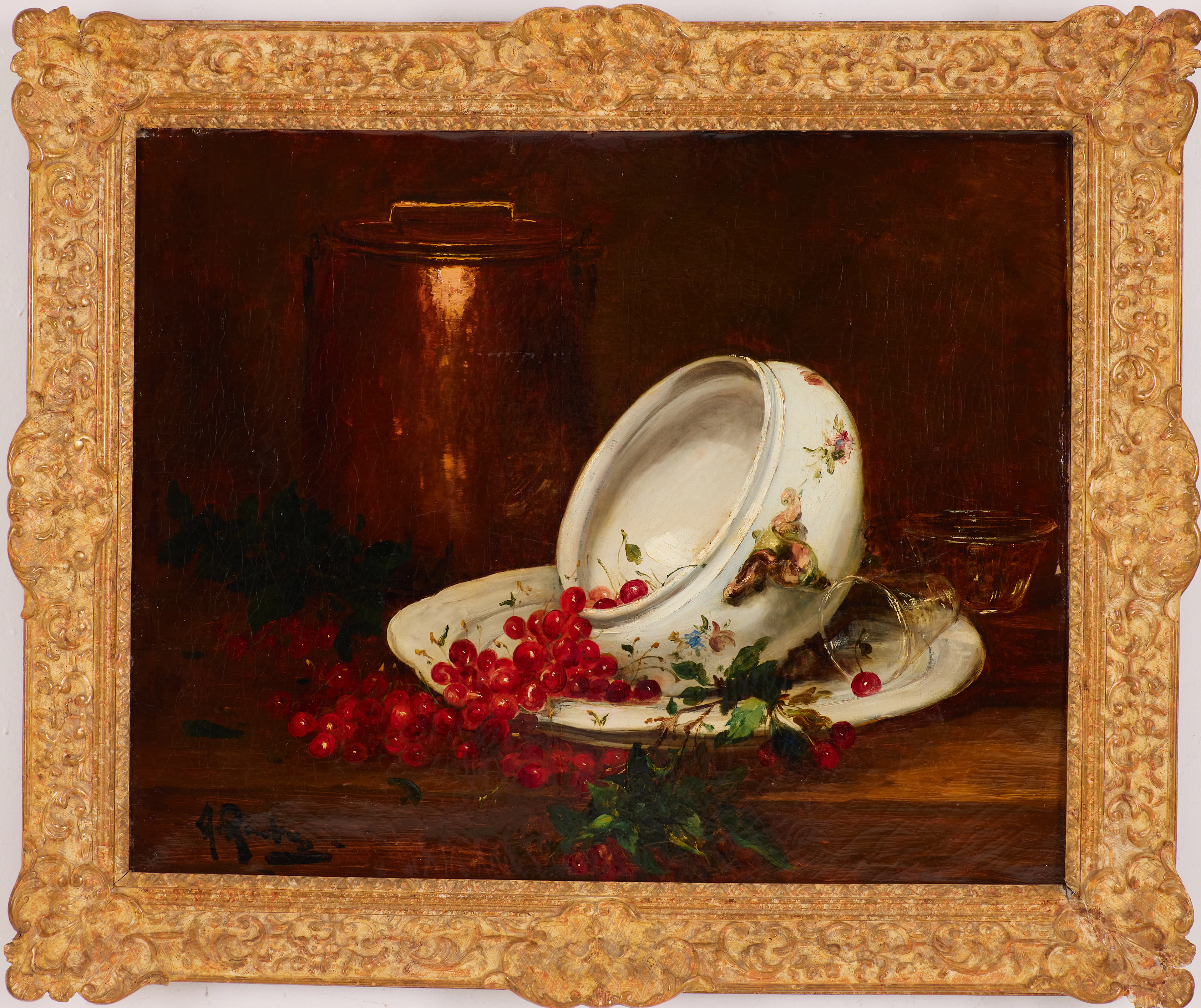 ALFRED ROUBY (1849-1909). Stilleben med körsbär i terrin, olja på