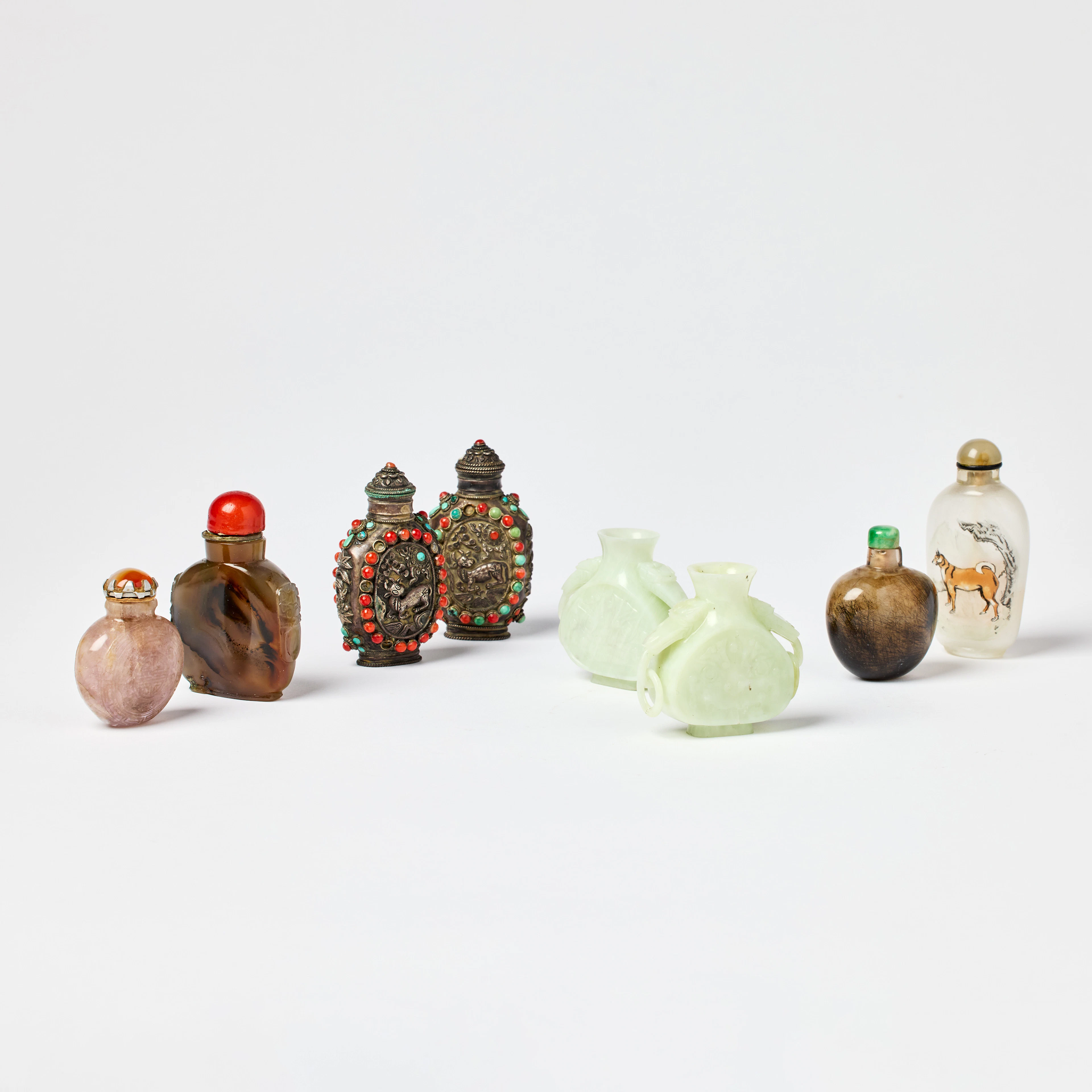 A Group of Six Chinese Snuff Bottles and Two Vases.