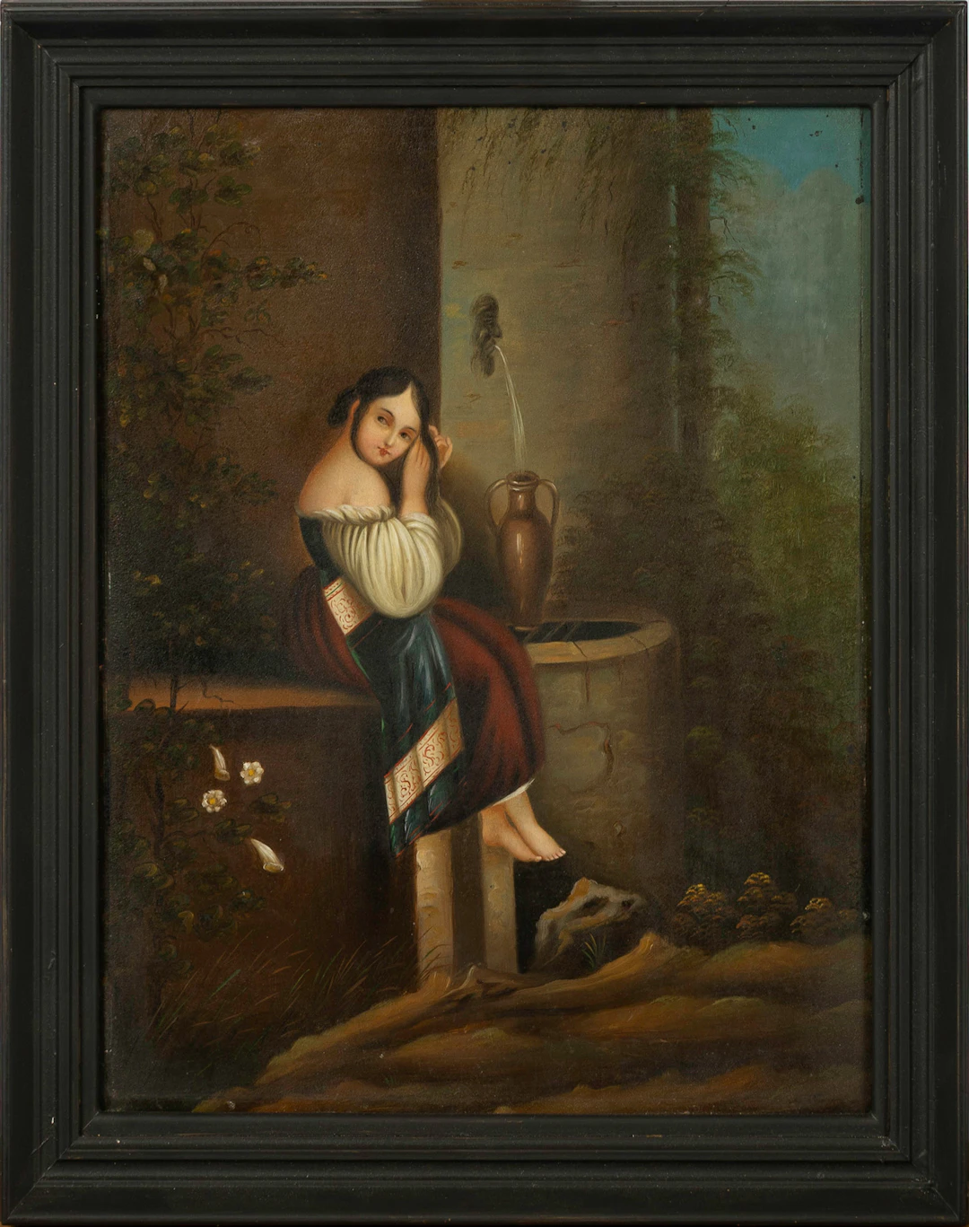 OKÄND KONSTNÄR. Flicka vid brunn, olja på plåt, 1800-talets första del.