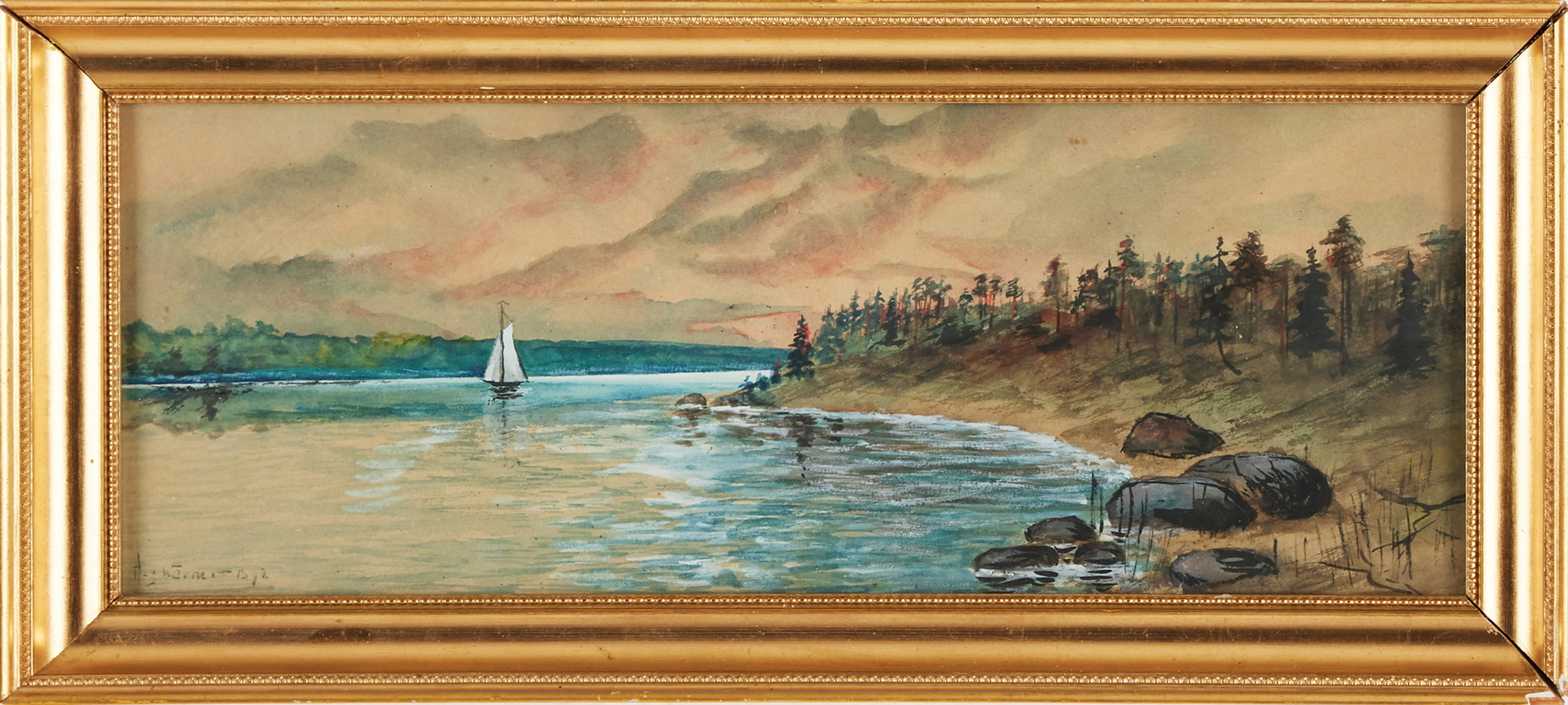 HILDING WERNER. Kustmotiv med segelbåt, signerad, akvarell.
