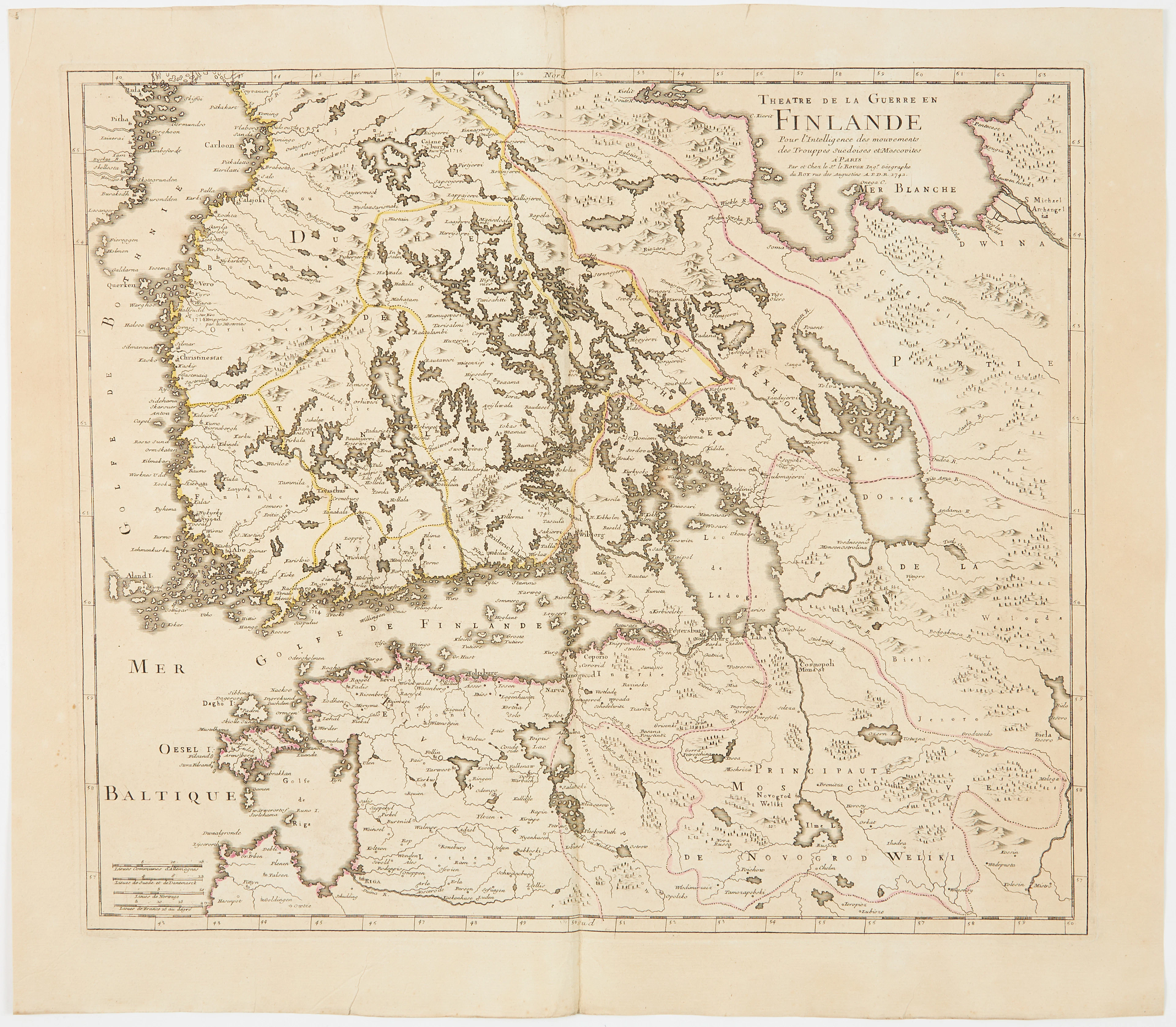 LE ROUGES KARTA ÖVER FINLAND OCH ESTLAND, 1742.