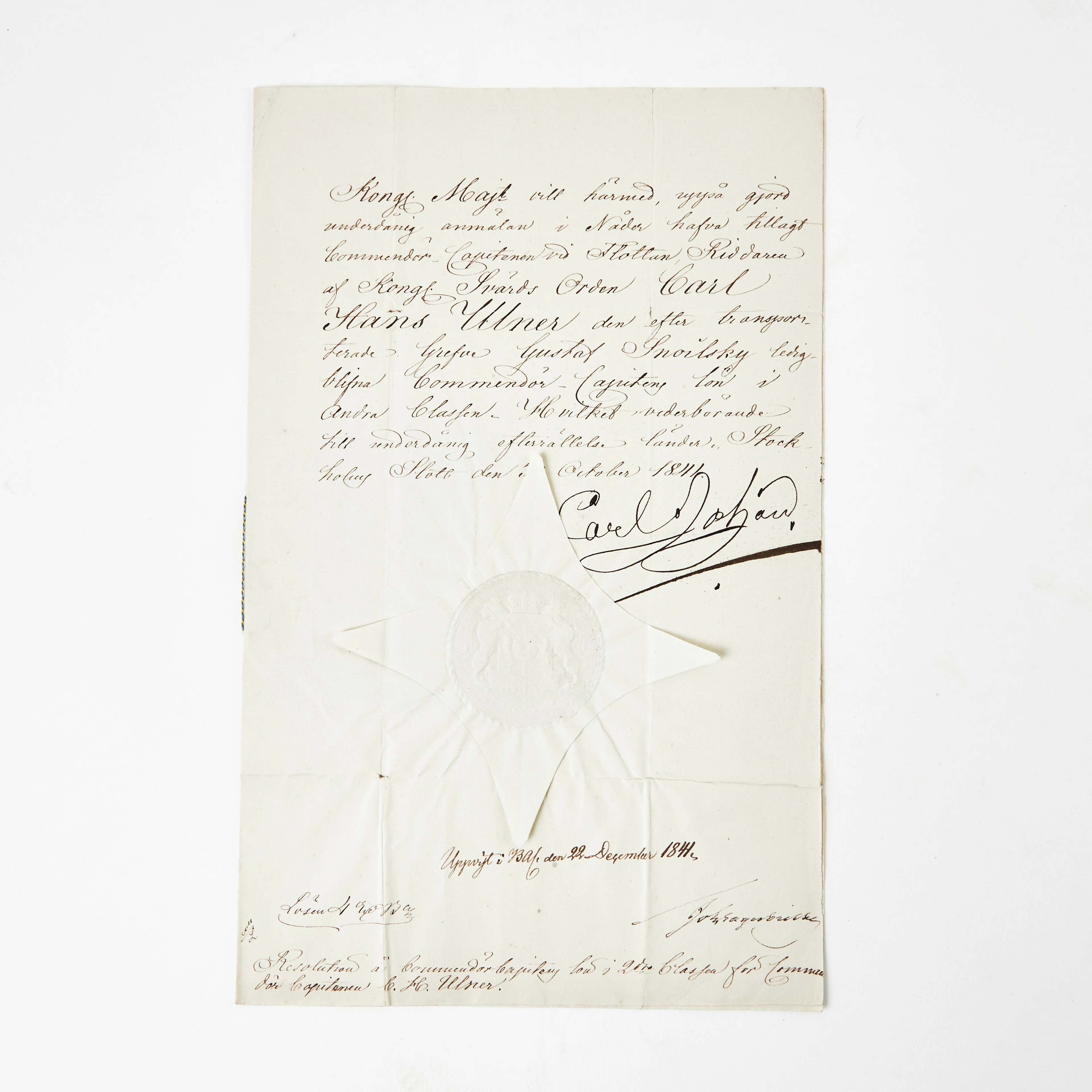 KARL XIV JOHAN - UNDERTECKNAD HANDLING, resolution för Carl Hans Ulner