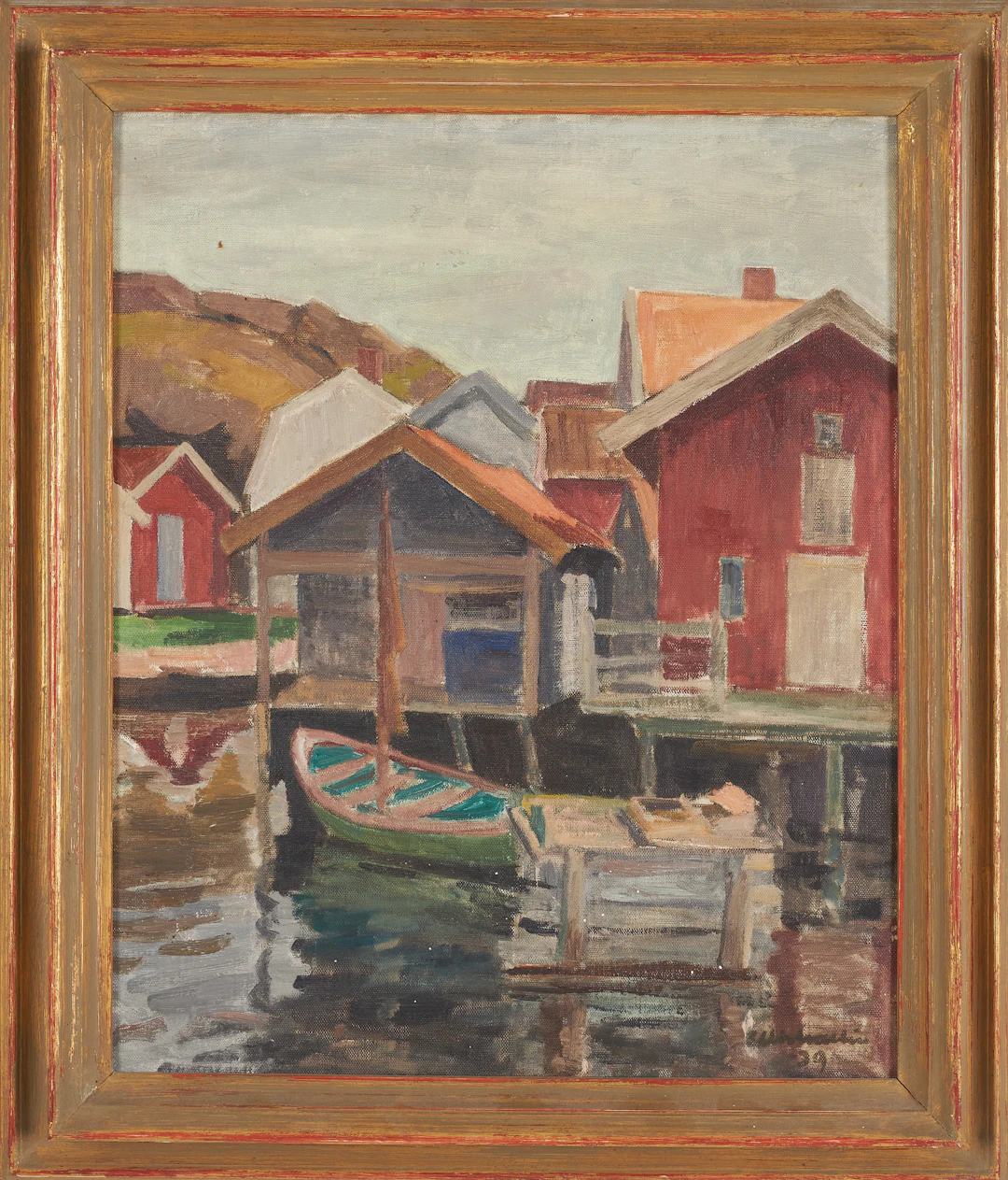 ELLIS WALLIN. "Den gröna båten", bohuslänskt hamnmotiv, olja på duk